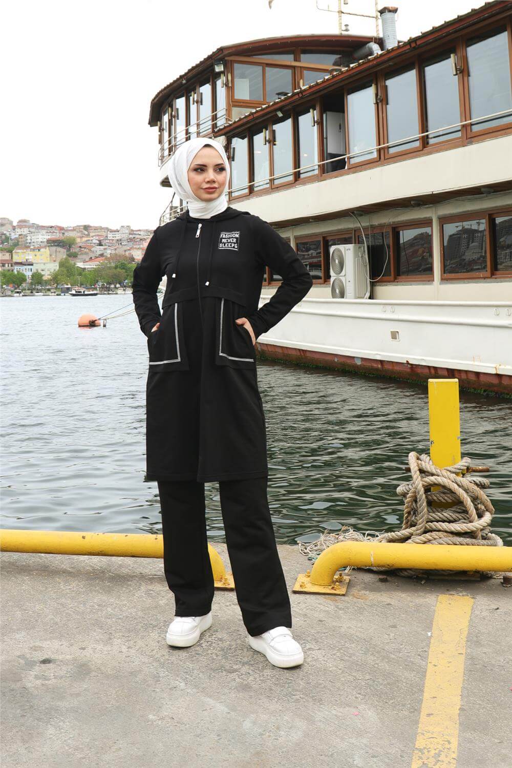 Fermuarlı Cepli Kapşonlu İkili Tesettür Eşofman Takımı - 71184.003 - Siyah