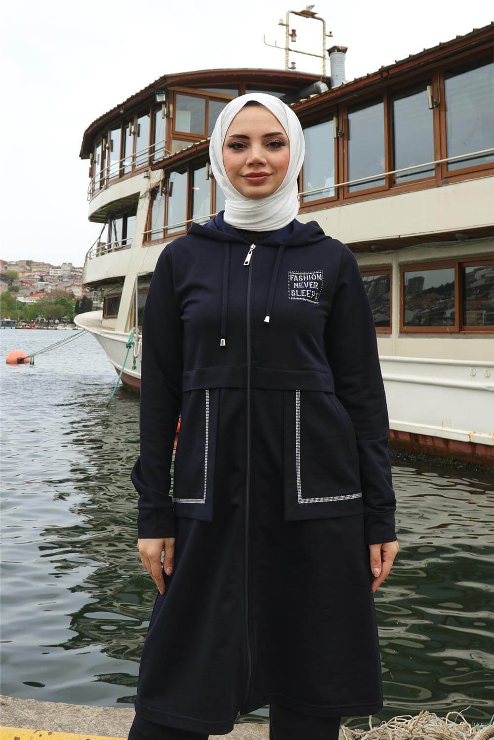 Fermuarlı Cepli Kapşonlu İkili Tesettür Eşofman Takımı - 71184.015 - Lacivert