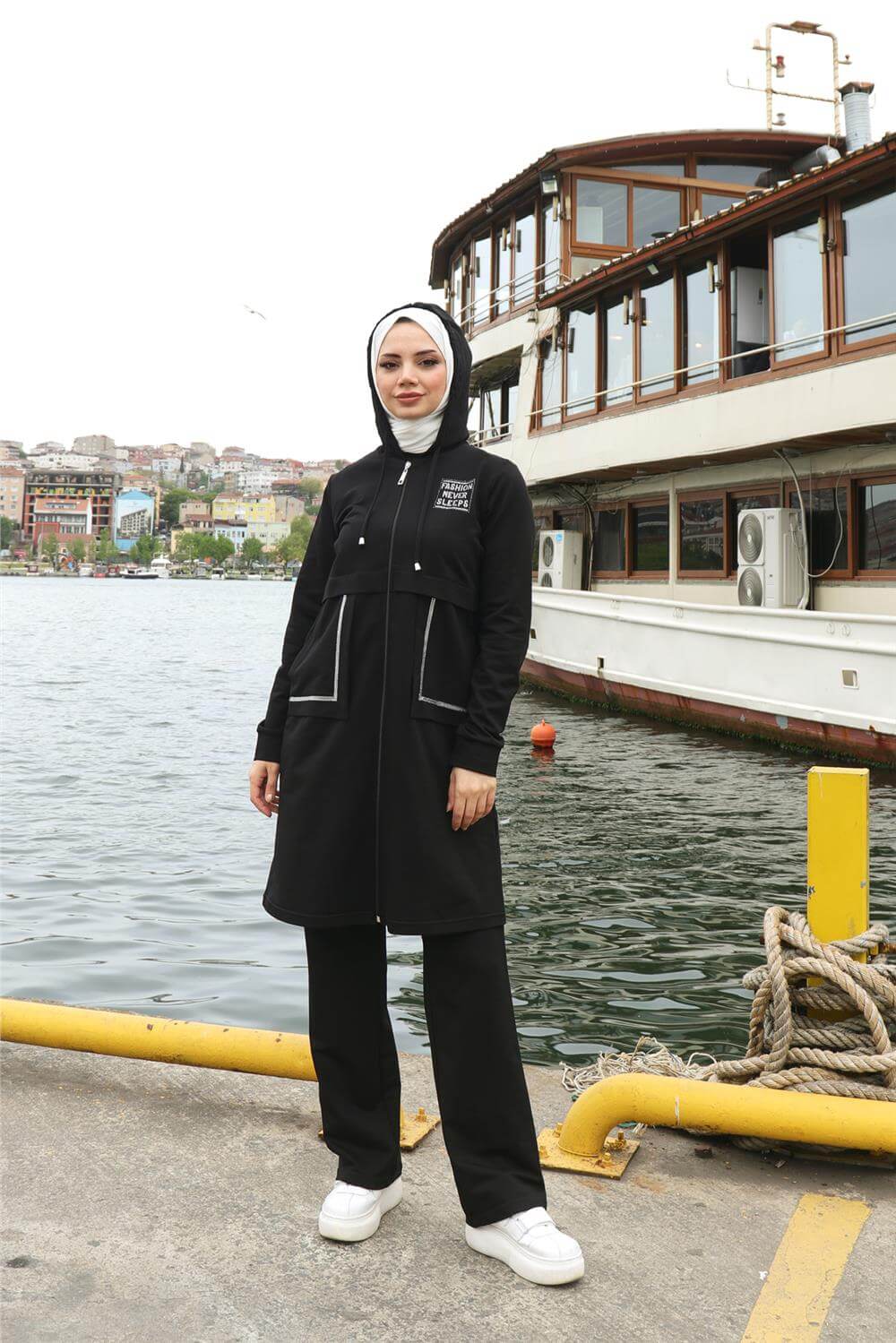 Fermuarlı Cepli Kapşonlu İkili Tesettür Eşofman Takımı - 71184.003 - Siyah