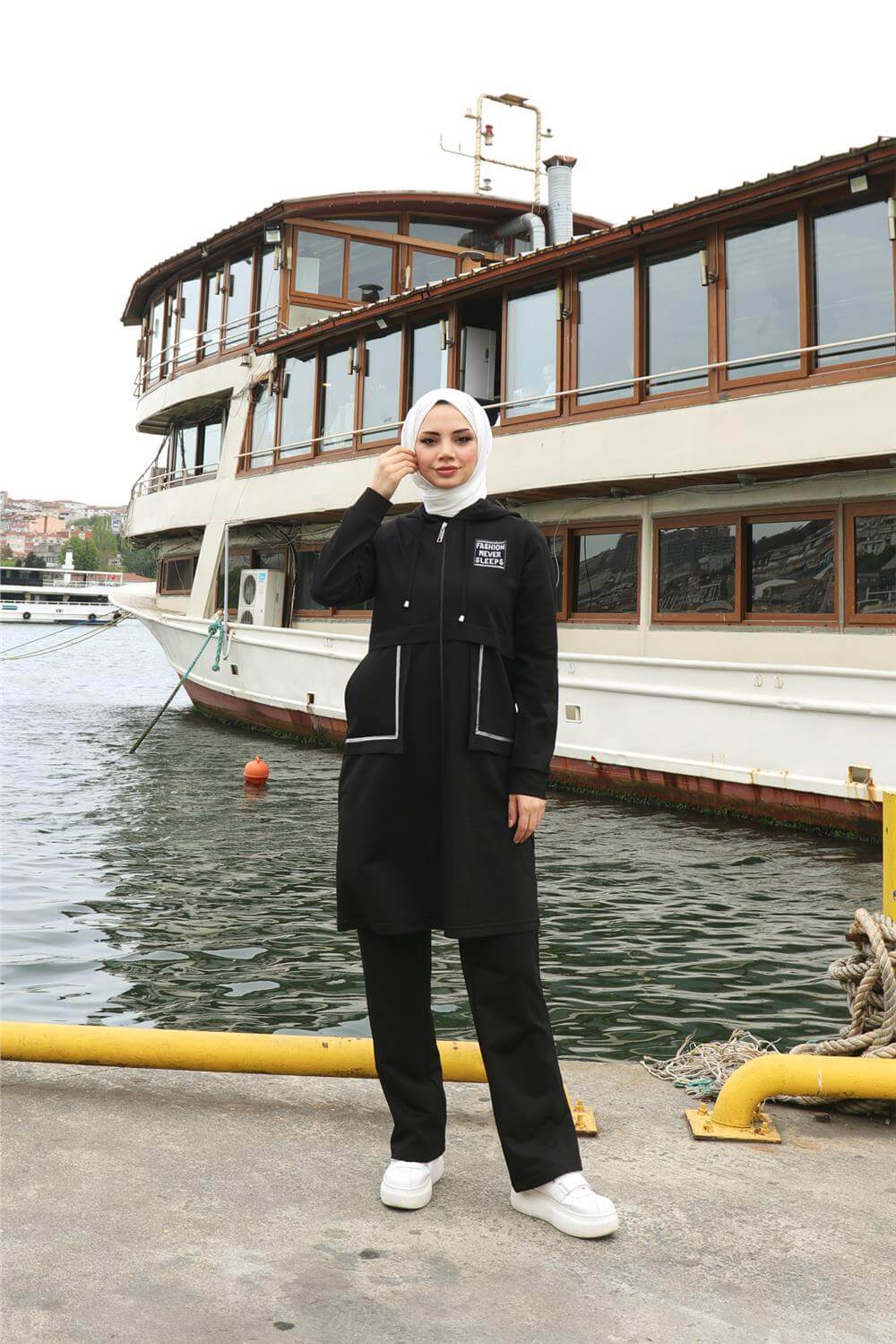 Fermuarlı Cepli Kapşonlu İkili Tesettür Eşofman Takımı - 71184.003 - Siyah
