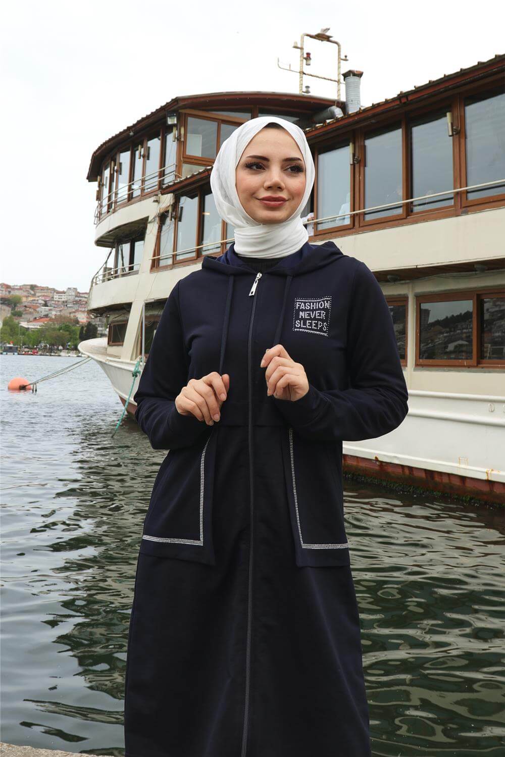 Fermuarlı Cepli Kapşonlu İkili Tesettür Eşofman Takımı - 71184.015 - Lacivert