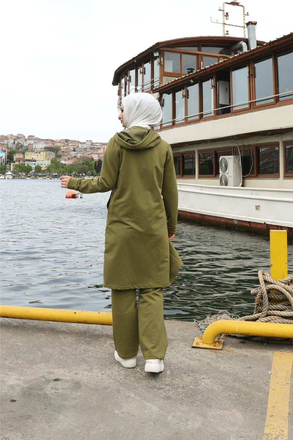 Fermuarlı Cepli Kapşonlu İkili Tesettür Eşofman Takımı - 71184.108 - Yağ Yeşili
