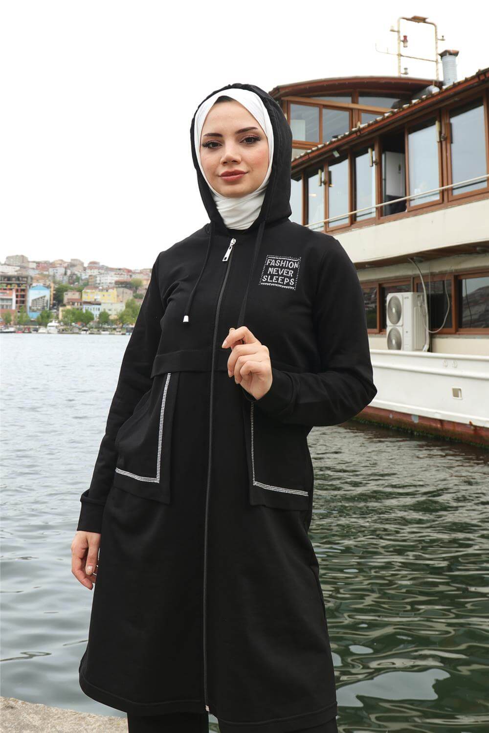 Fermuarlı Cepli Kapşonlu İkili Tesettür Eşofman Takımı - 71184.003 - Siyah