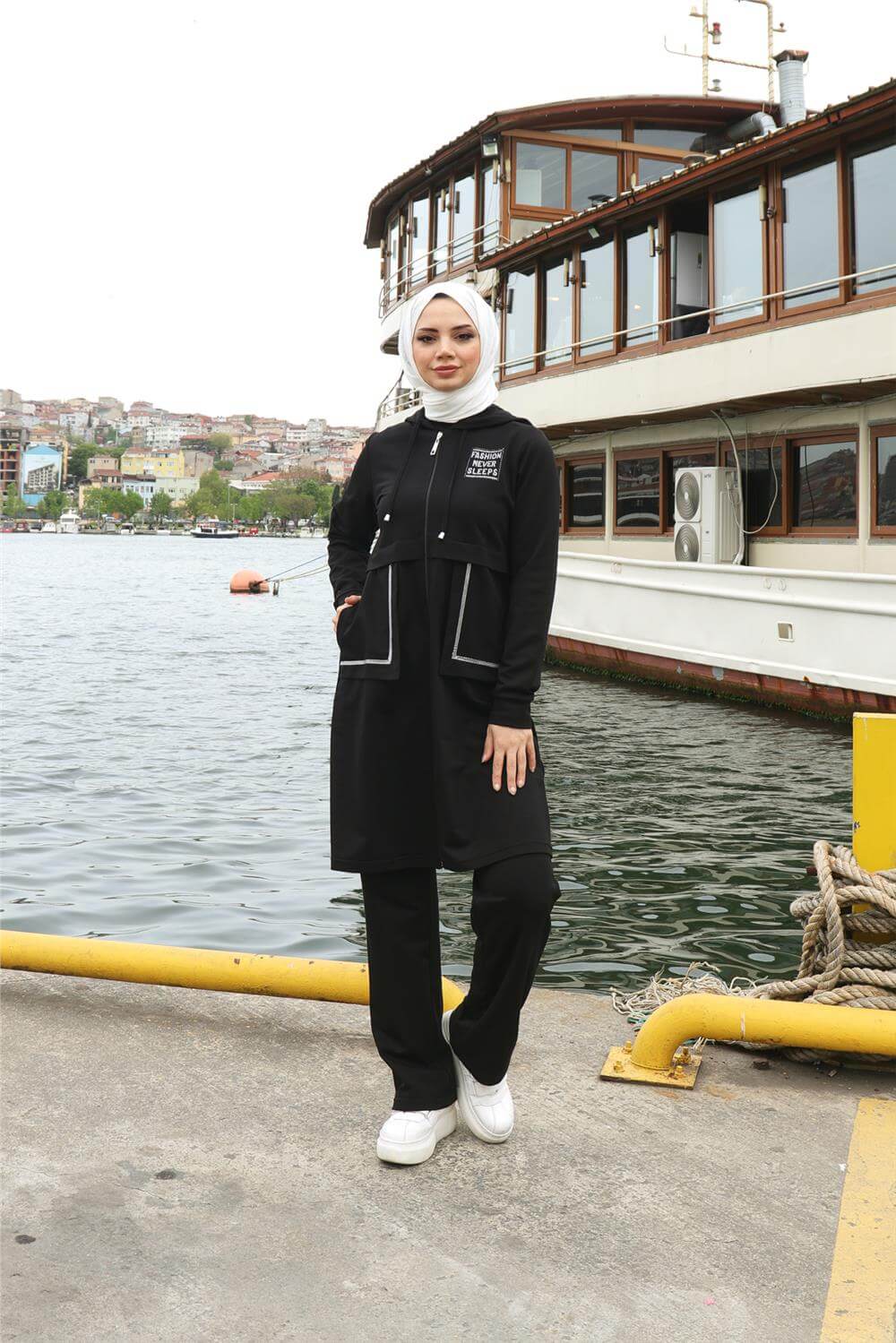 Fermuarlı Cepli Kapşonlu İkili Tesettür Eşofman Takımı - 71184.003 - Siyah