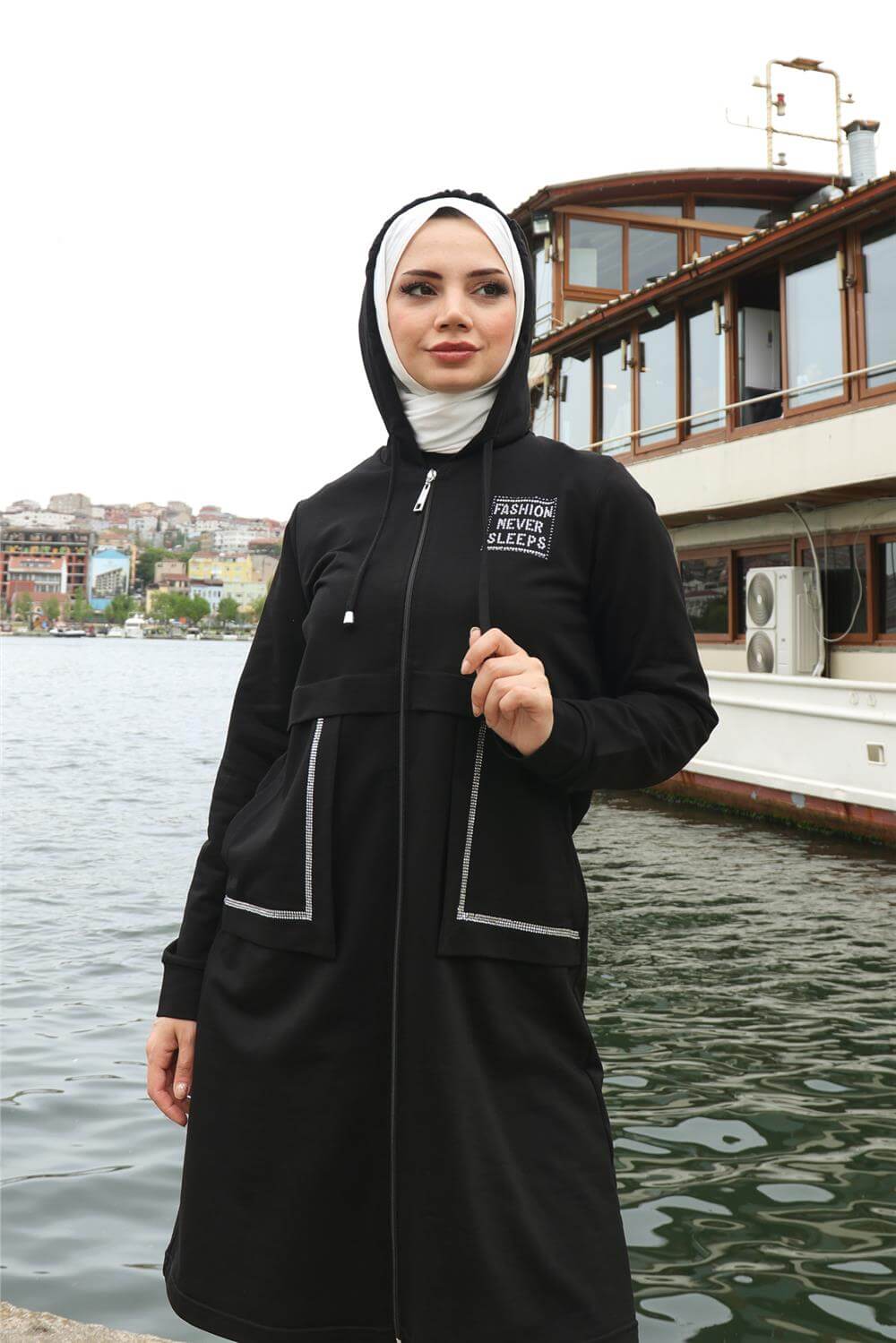 Fermuarlı Cepli Kapşonlu İkili Tesettür Eşofman Takımı - 71184.003 - Siyah