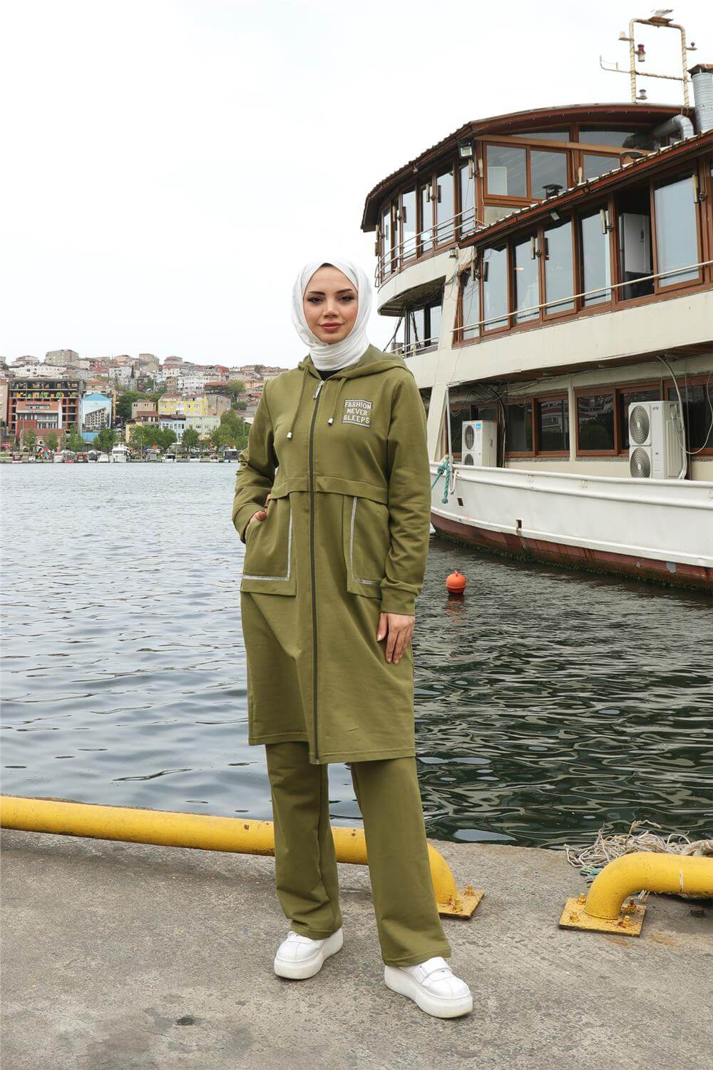 Fermuarlı Cepli Kapşonlu İkili Tesettür Eşofman Takımı - 71184.108 - Yağ Yeşili