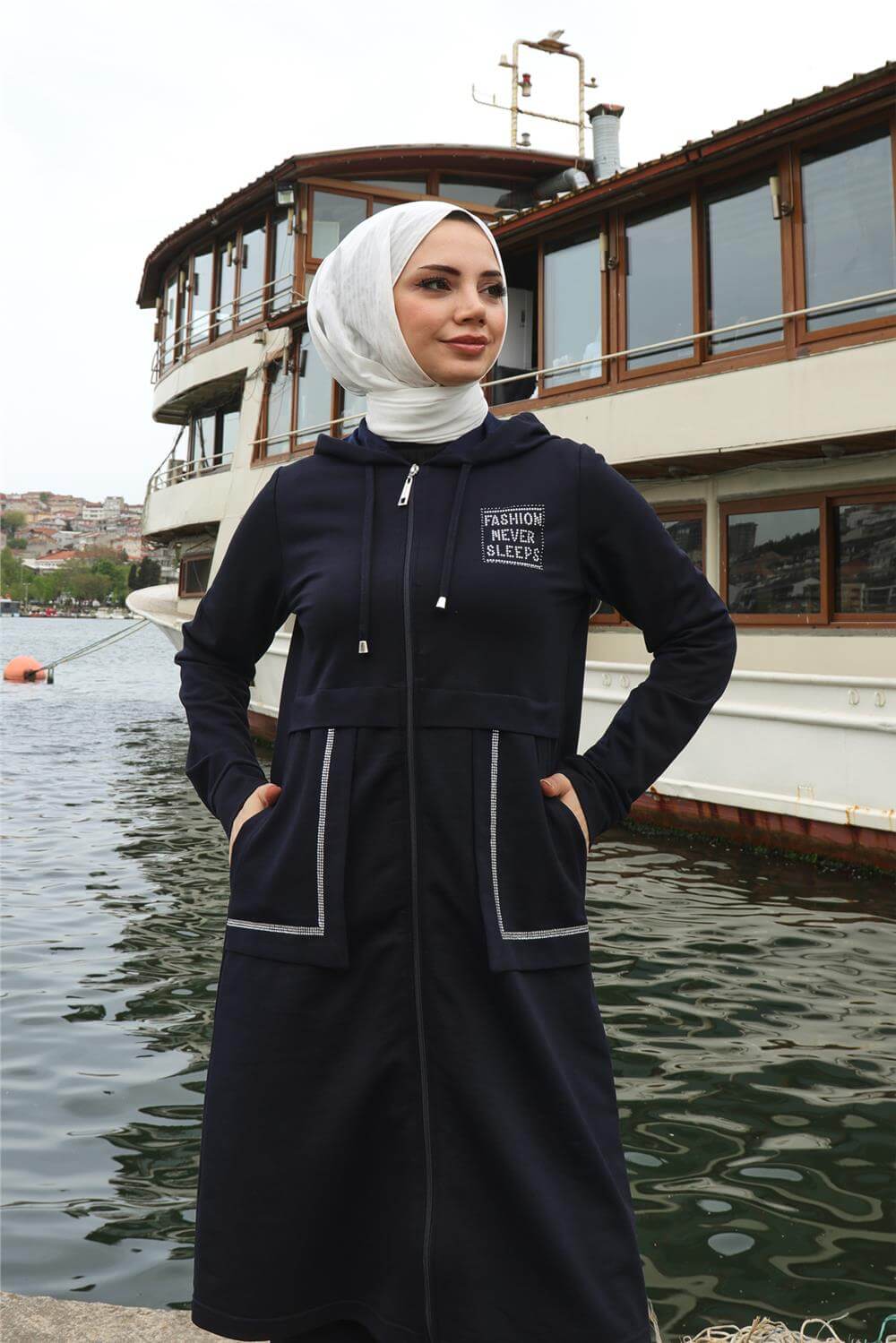 Fermuarlı Cepli Kapşonlu İkili Tesettür Eşofman Takımı - 71184.015 - Lacivert