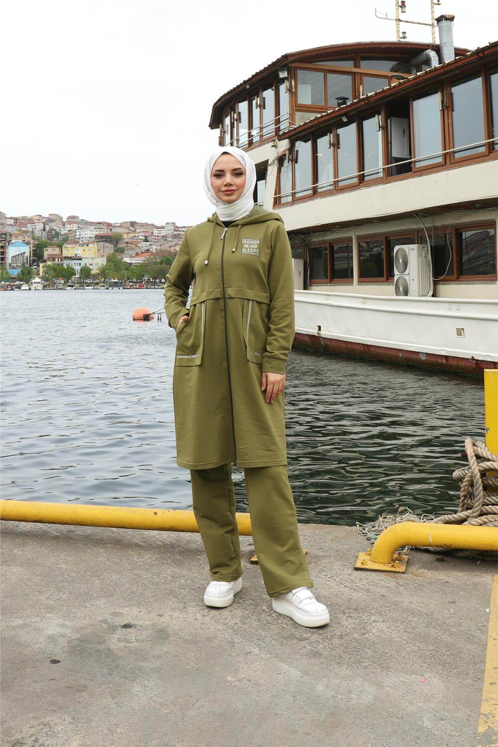 Fermuarlı Cepli Kapşonlu İkili Tesettür Eşofman Takımı - 71184.108 - Yağ Yeşili