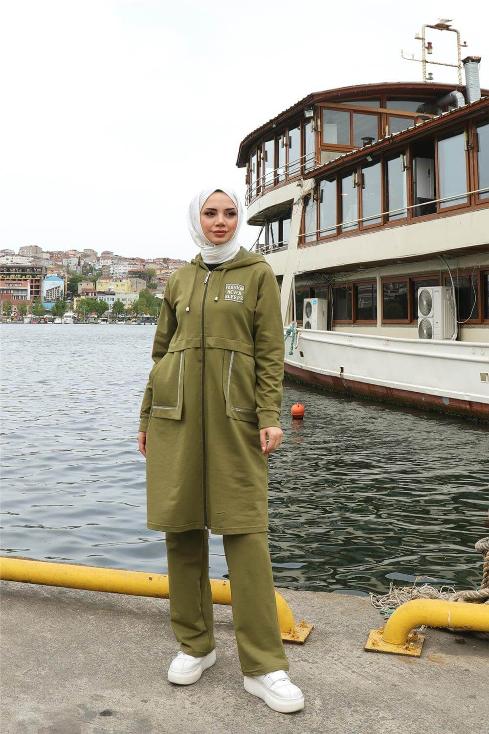 Fermuarlı Cepli Kapşonlu İkili Tesettür Eşofman Takımı - 71184.108 - Yağ Yeşili