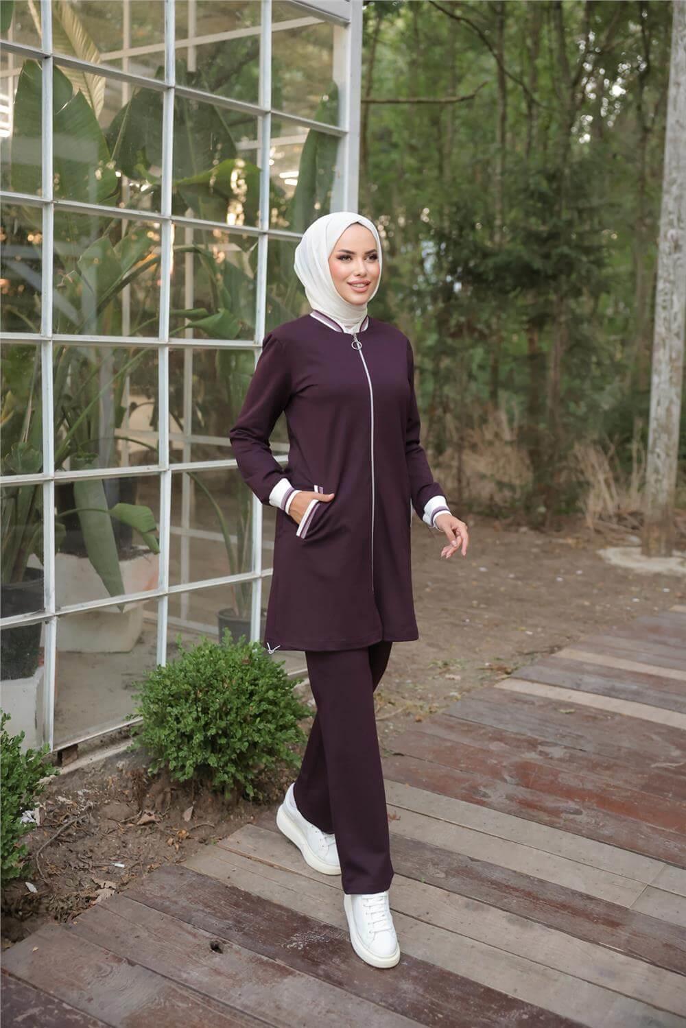 Fermuarlı Kısa Tunik Pantolon Sade İkili Tesettür Eşofman Takımı - 71206.020 - Mürdüm