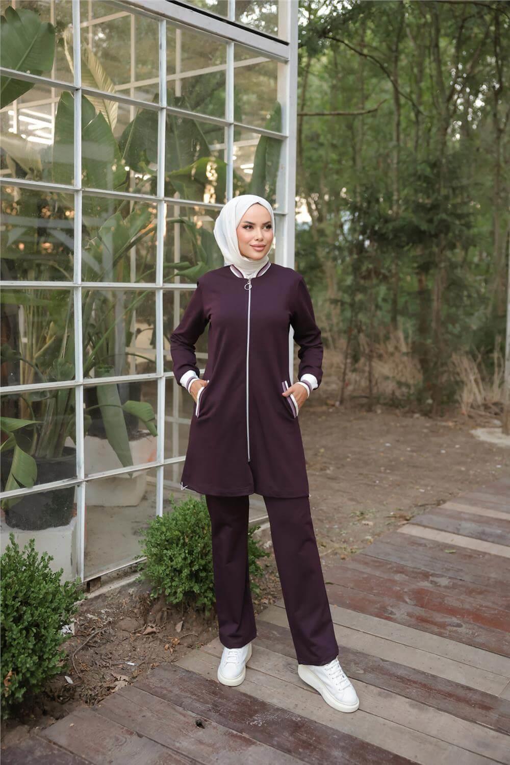 Fermuarlı Kısa Tunik Pantolon Sade İkili Tesettür Eşofman Takımı - 71206.020 - Mürdüm