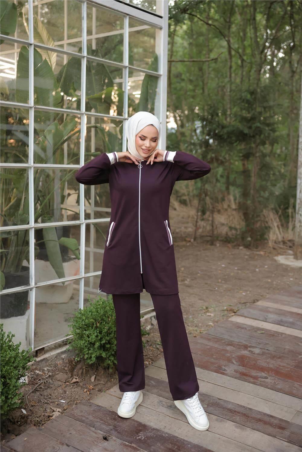 Fermuarlı Kısa Tunik Pantolon Sade İkili Tesettür Eşofman Takımı - 71206.020 - Mürdüm