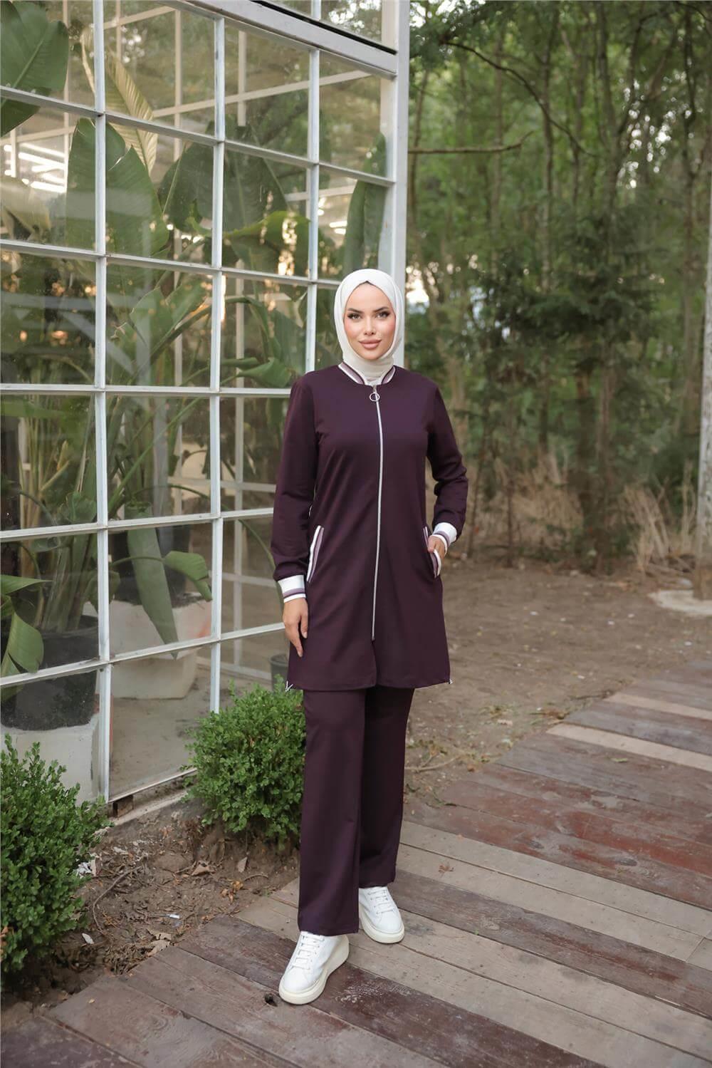 Fermuarlı Kısa Tunik Pantolon Sade İkili Tesettür Eşofman Takımı - 71206.020 - Mürdüm