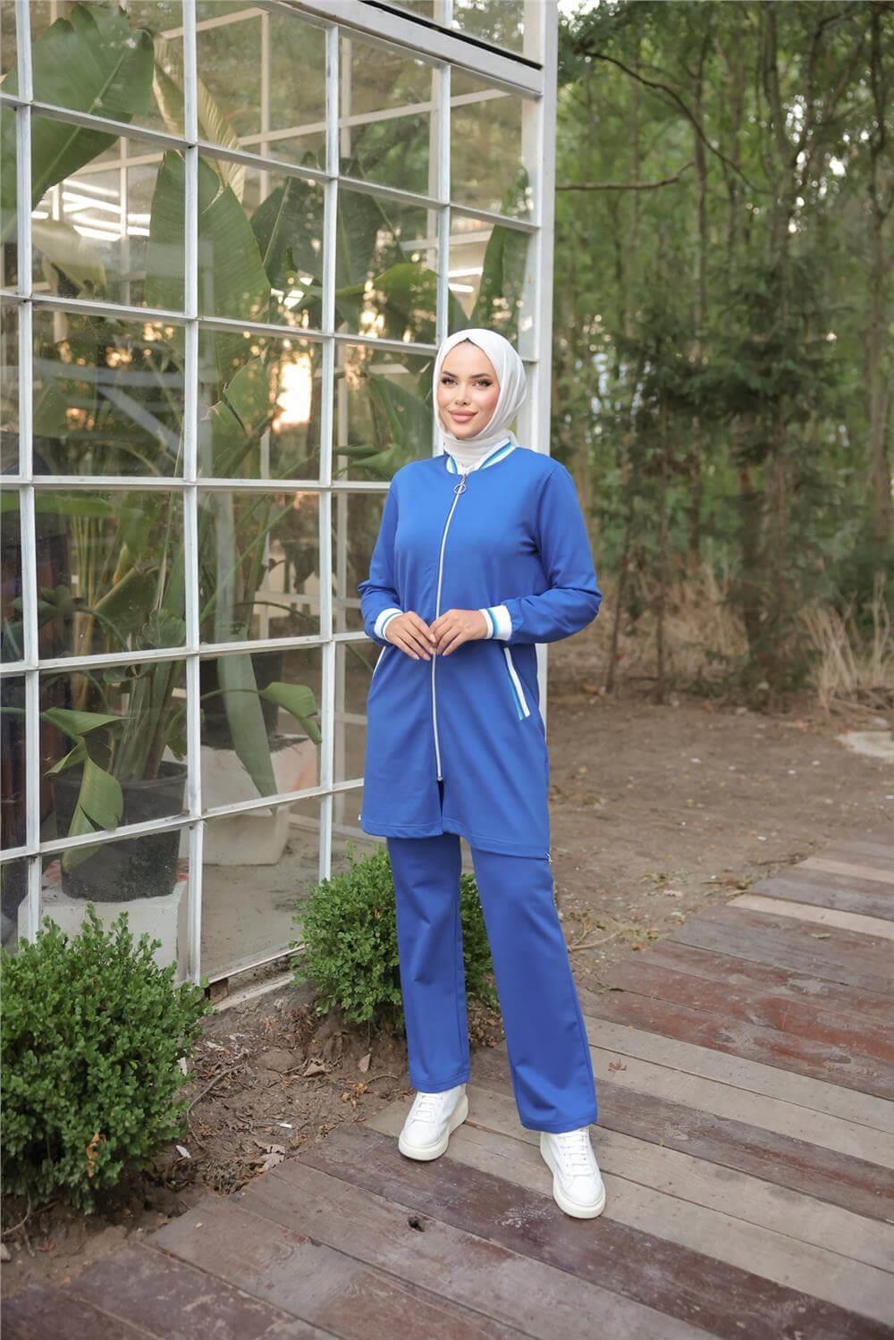 Fermuarlı Kısa Tunik Pantolon Sade İkili Tesettür Eşofman Takımı - 71206.022 - Saks