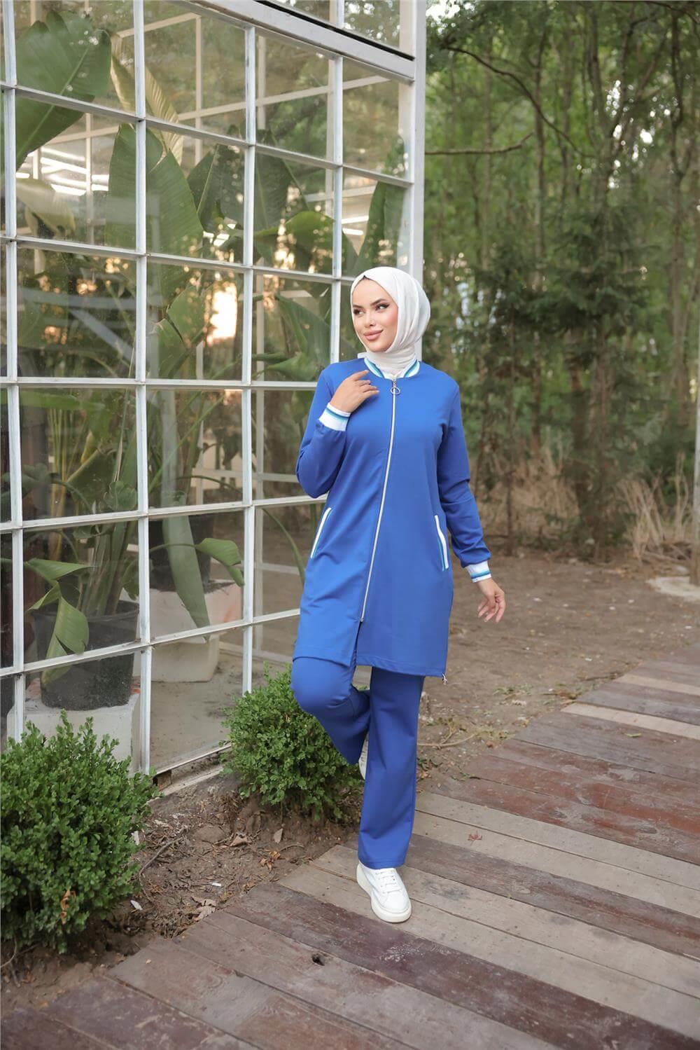 Fermuarlı Kısa Tunik Pantolon Sade İkili Tesettür Eşofman Takımı - 71206.022 - Saks