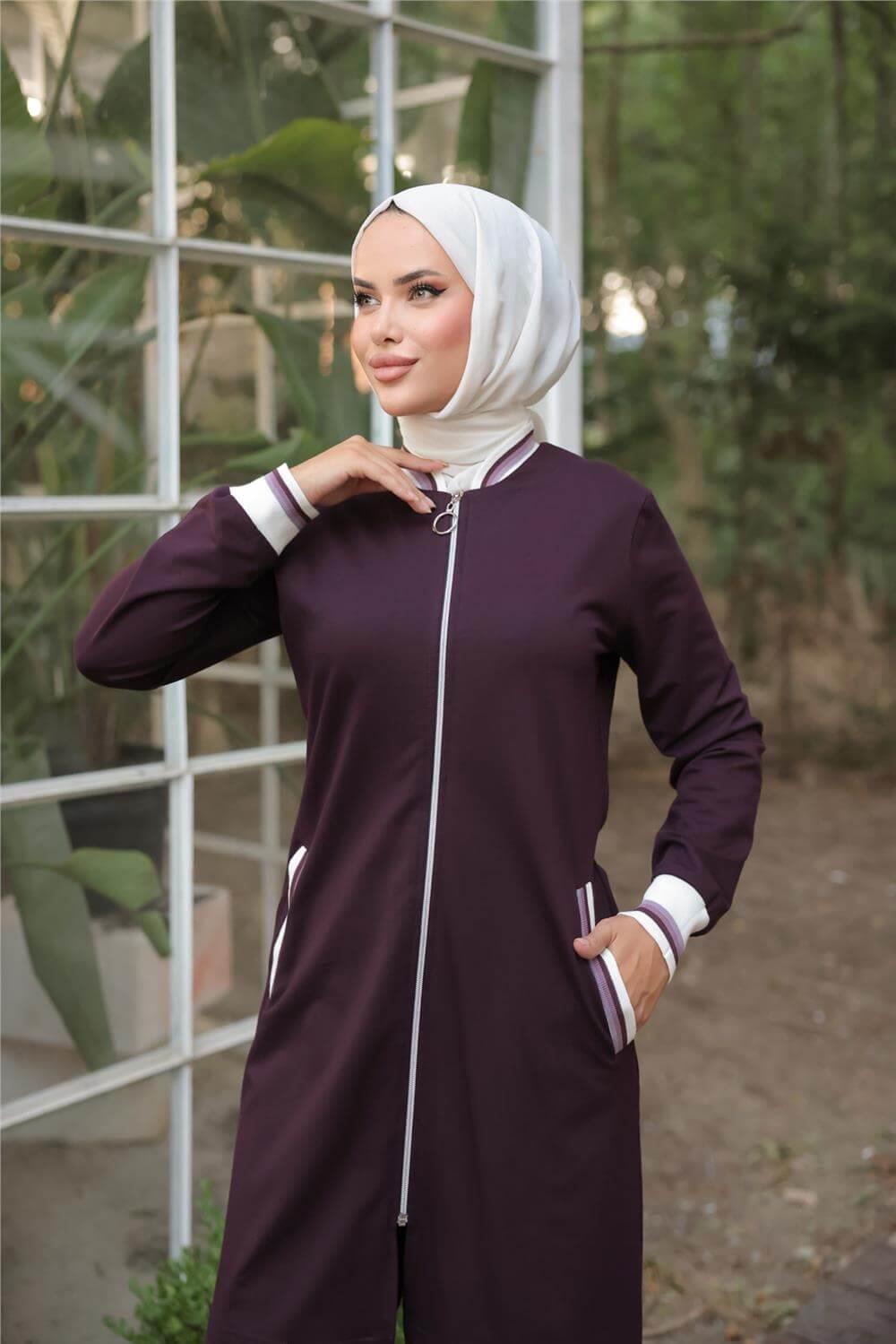 Fermuarlı Kısa Tunik Pantolon Sade İkili Tesettür Eşofman Takımı - 71206.020 - Mürdüm