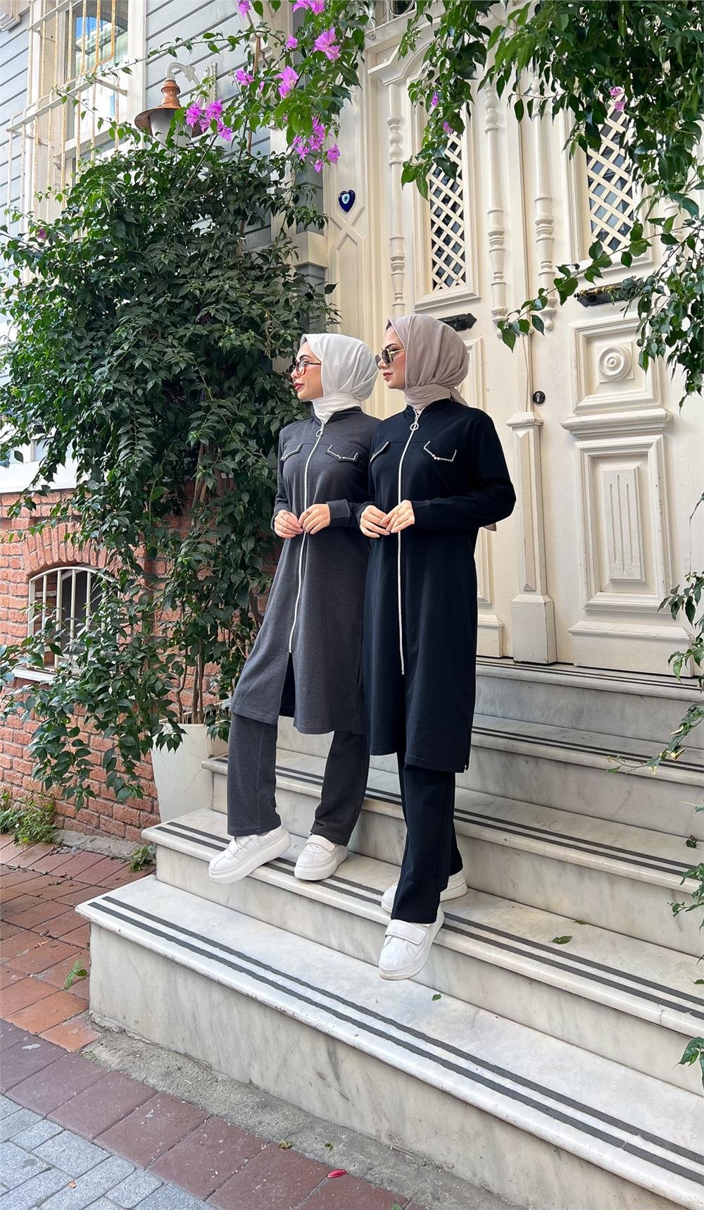 Fermuarlı Uzun Tunik Pantolon Spor İkili Takım - 03058 - Siyah
