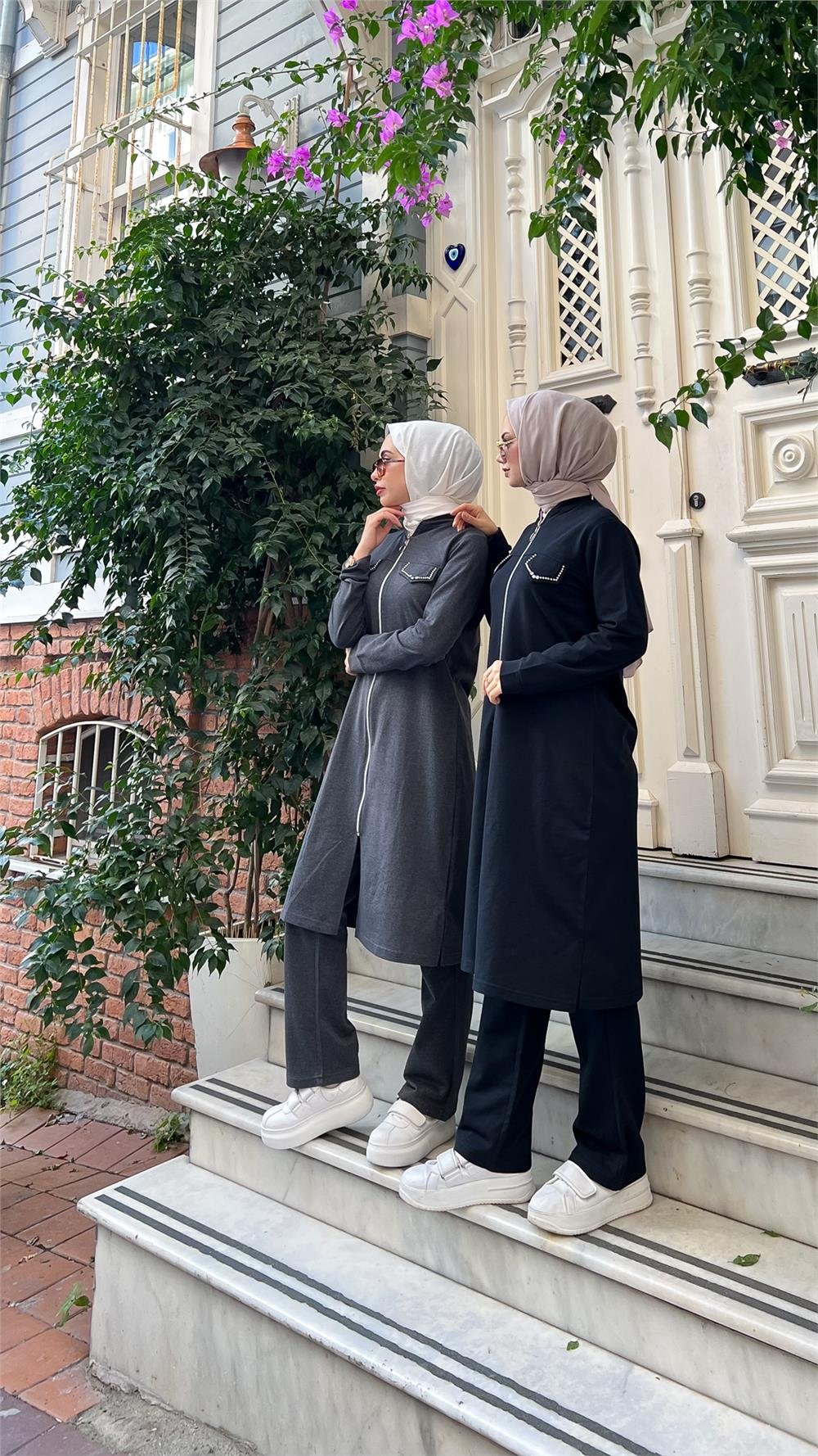 Fermuarlı Uzun Tunik Pantolon Spor İkili Takım - 03058 - Siyah