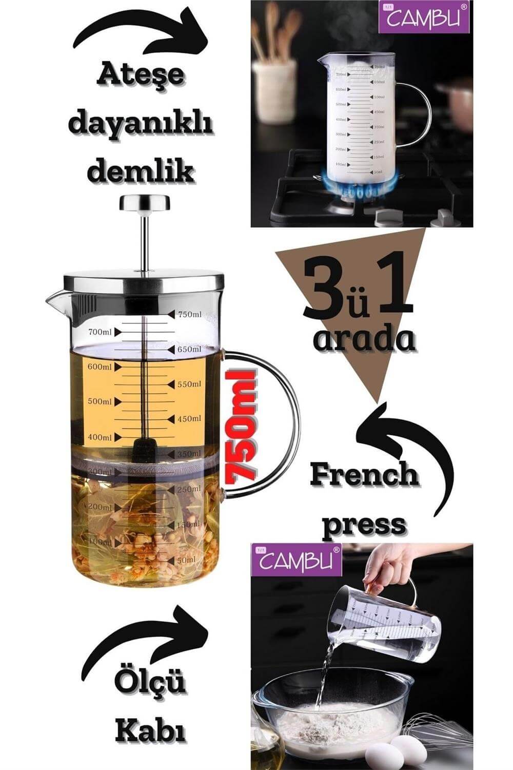 French Press Borosilikat Ateşe Dayanıklı Cam 3 ü 1 Arada - 700 ml