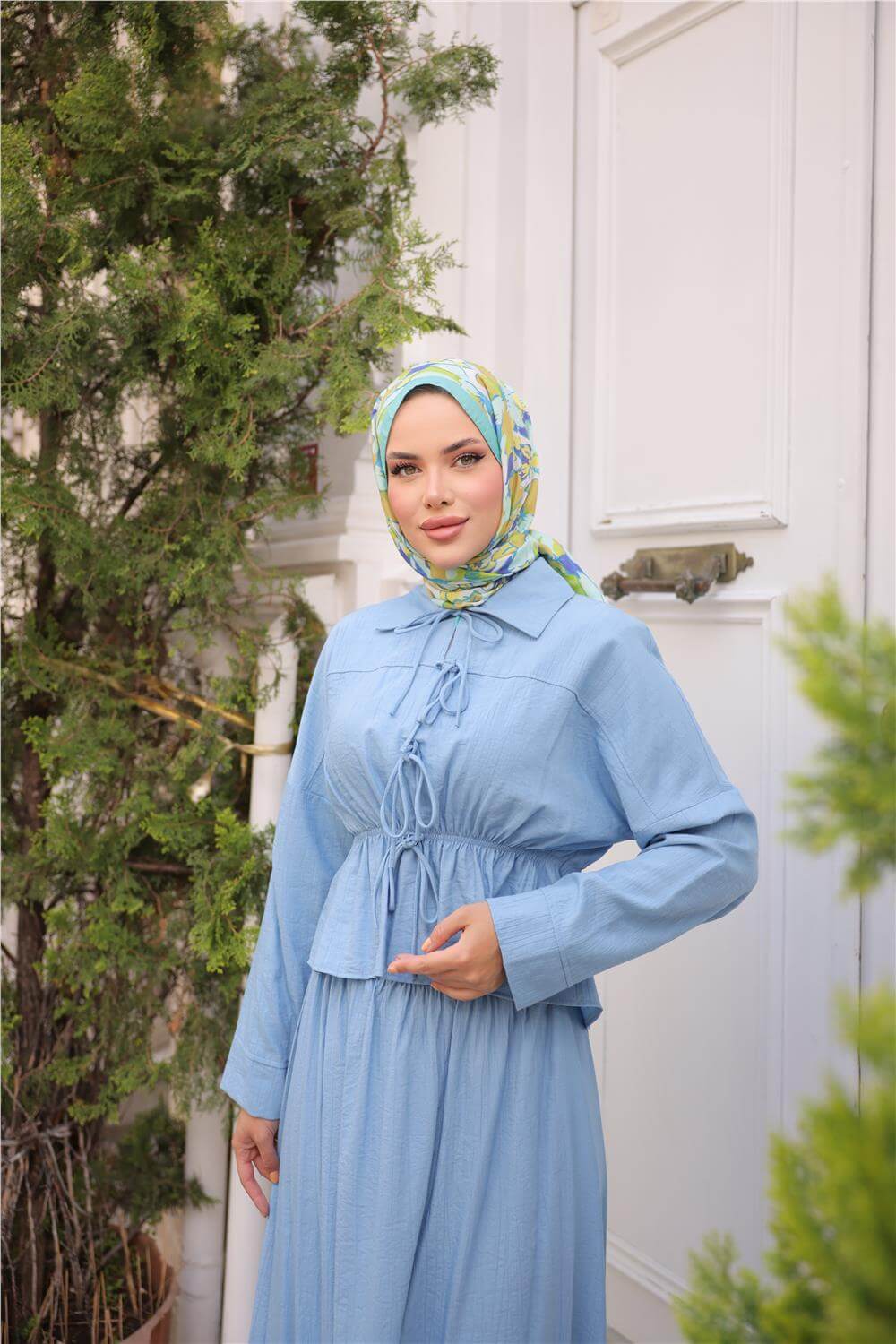 Gömlek Yaka Büzgülü, Bağcıklı Kısa Tunik Dökümlü Etek Takımı - (38-46) - 71291 - İndigo