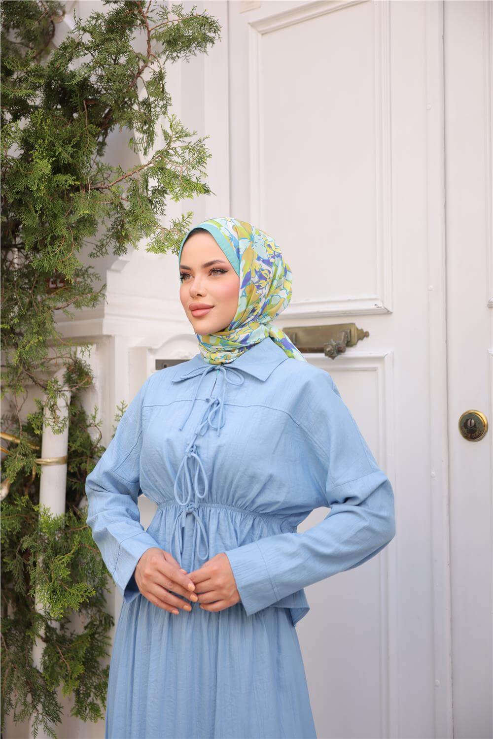 Gömlek Yaka Büzgülü, Bağcıklı Kısa Tunik Dökümlü Etek Takımı - (38-46) - 71291 - İndigo