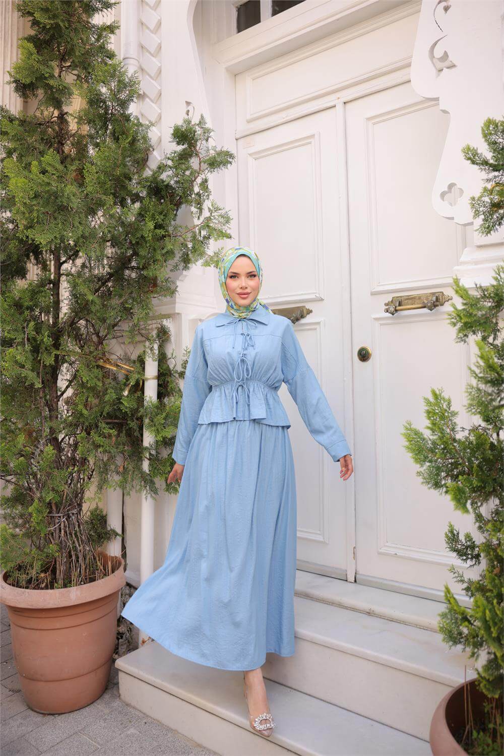 Gömlek Yaka Büzgülü, Bağcıklı Kısa Tunik Dökümlü Etek Takımı - (38-46) - 71291 - İndigo