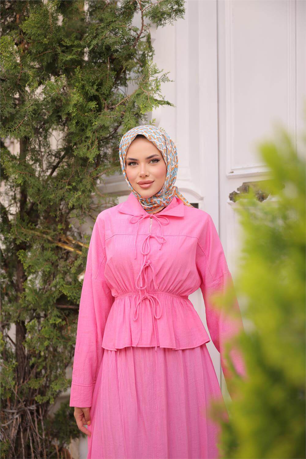 Gömlek Yaka Büzgülü, Bağcıklı Kısa Tunik Dökümlü Etek Takımı - (38-46) - 71291 - Fuşya