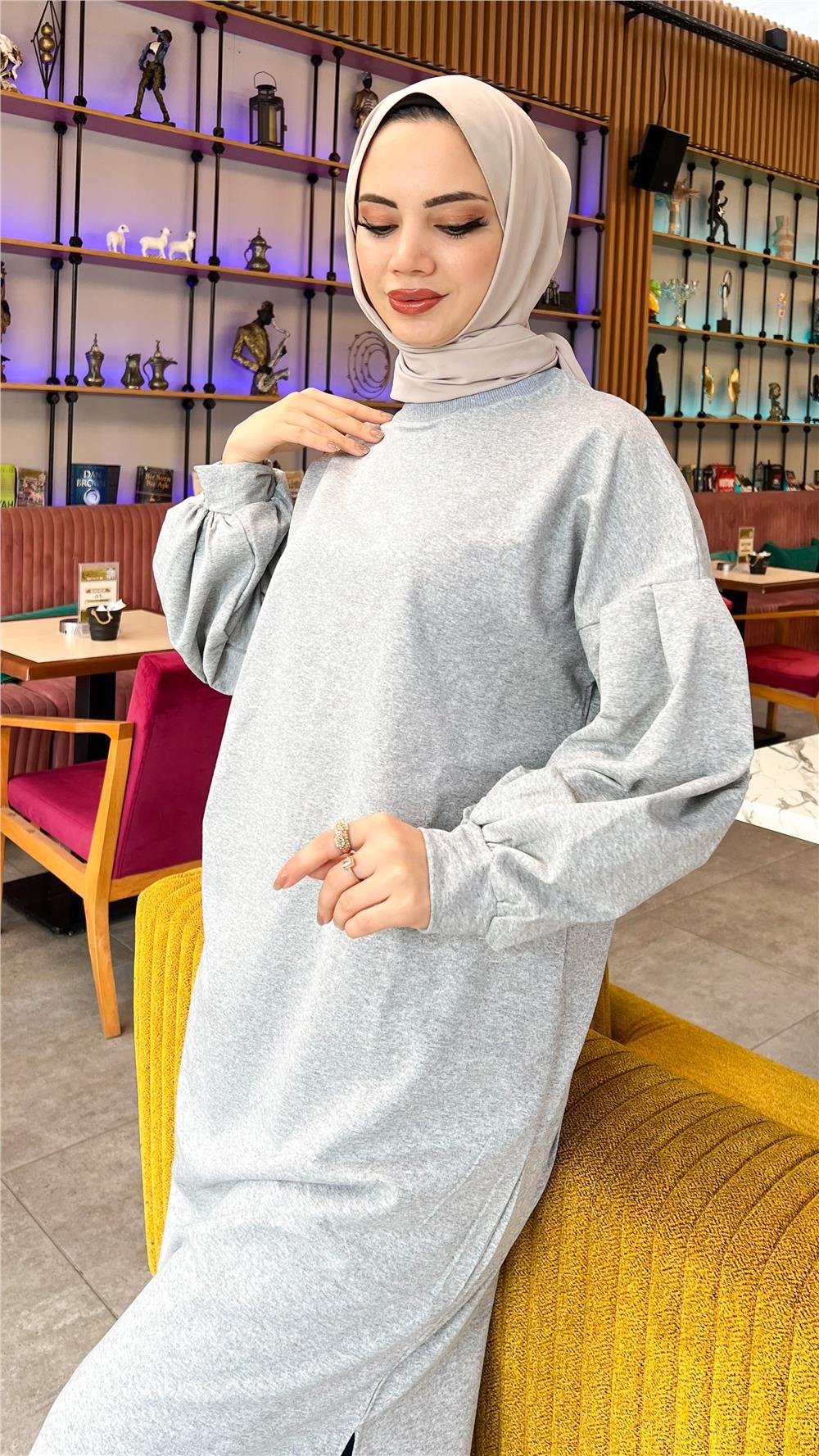 Hira Balon Kol Midi Boy Sade Basic Sweatshirt - 3031 - Gri