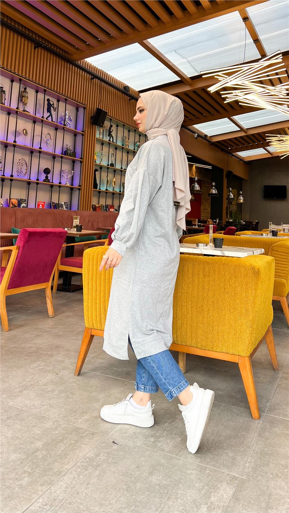 Hira Balon Kol Midi Boy Sade Basic Sweatshirt - 3031 - Gri