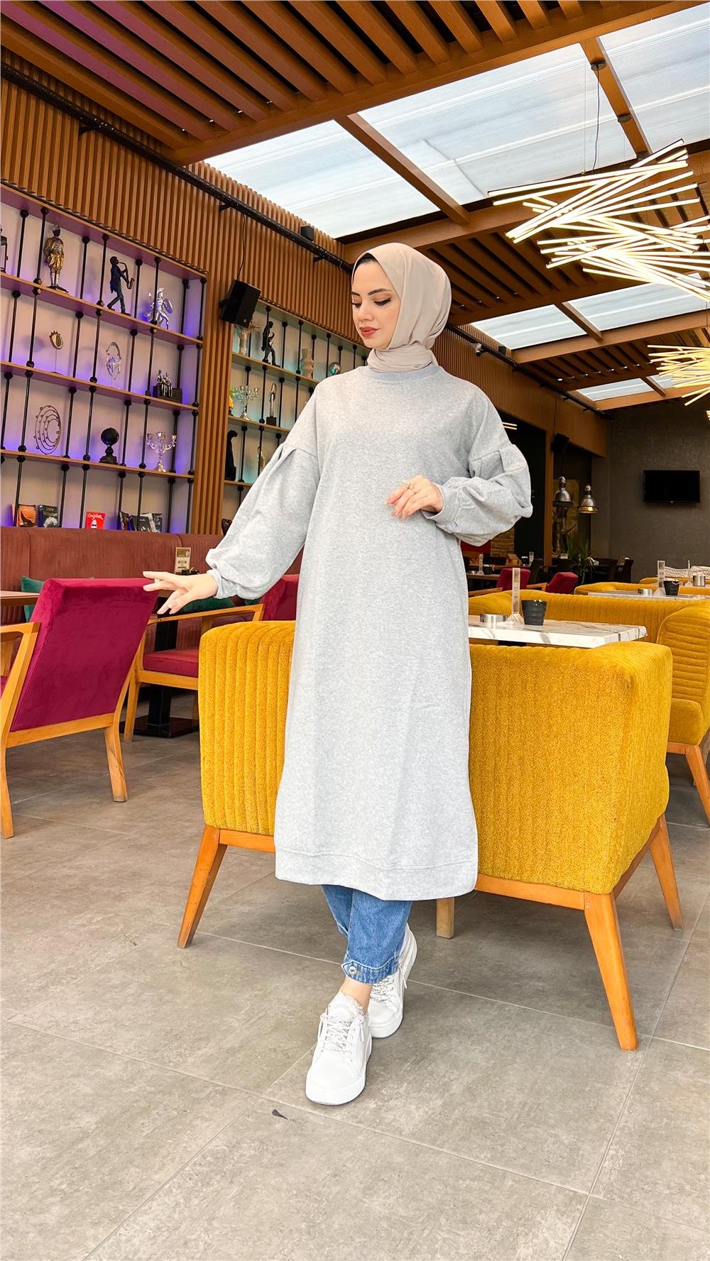 Hira Balon Kol Midi Boy Sade Basic Sweatshirt - 3031 - Gri