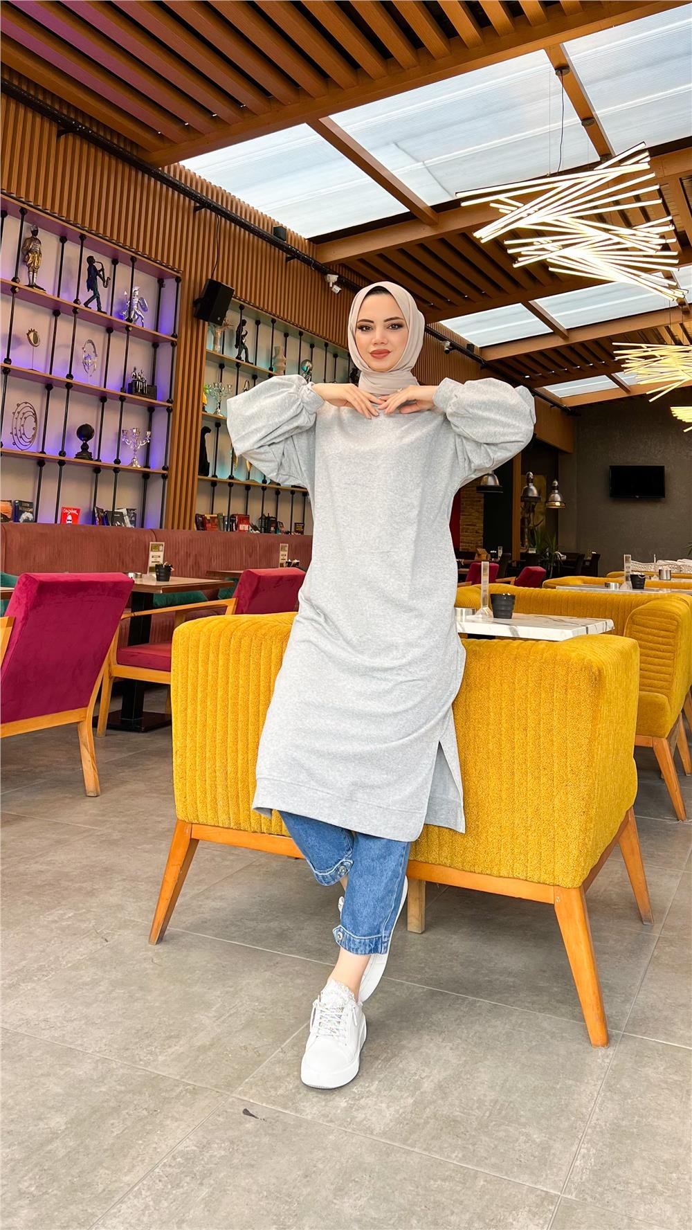Hira Balon Kol Midi Boy Sade Basic Sweatshirt - 3031 - Gri