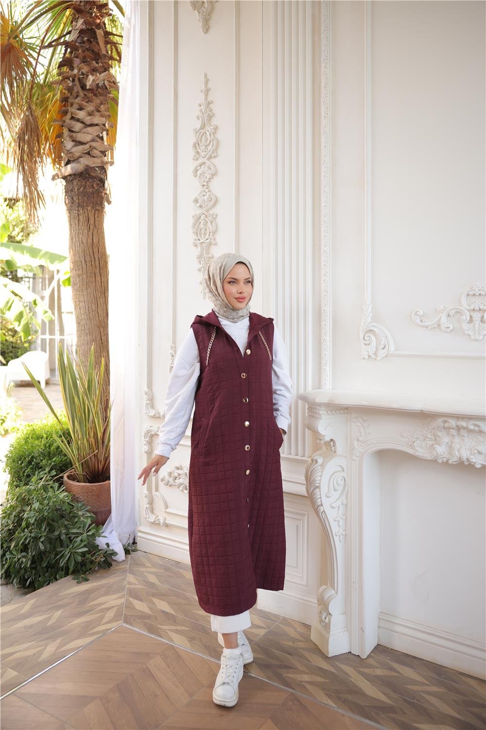 Kapşonlu Çıtçıtlı Kolsuz Cepli Uzun Kapitone Yelek - (38-46) - 71195 - Bordo