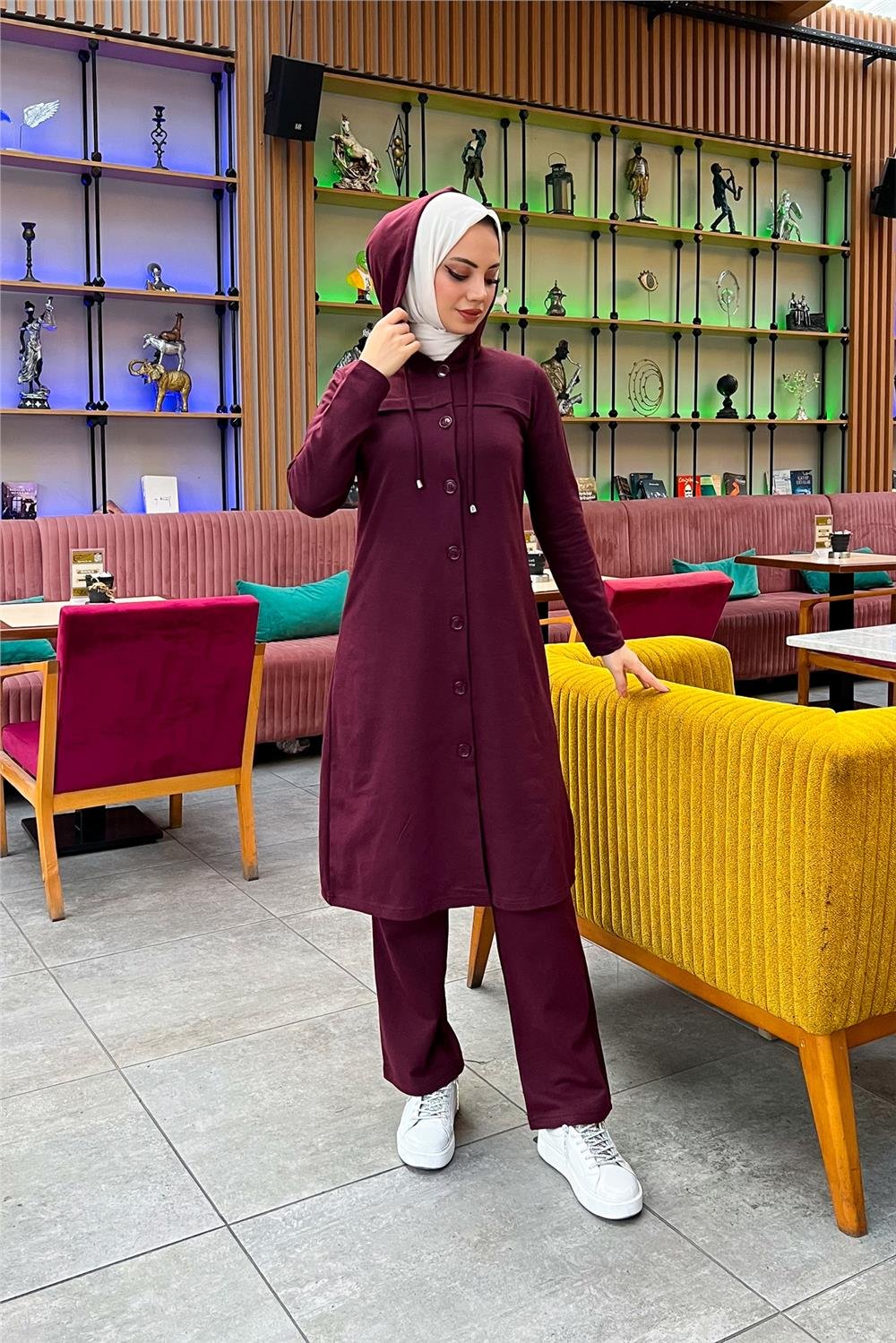 Kapşonlu Düğmeli Sade Basic Uzun Tunik ve Pantolon İkili Spor Takım - 03072 - Mürdüm
