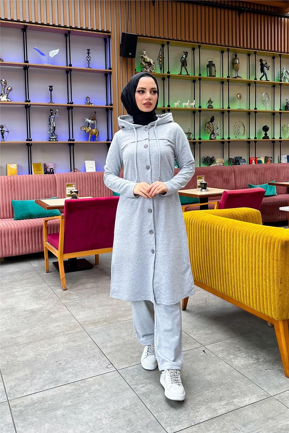 Kapşonlu Düğmeli Sade Basic Uzun Tunik ve Pantolon İkili Spor Takım - 03072 - Gri