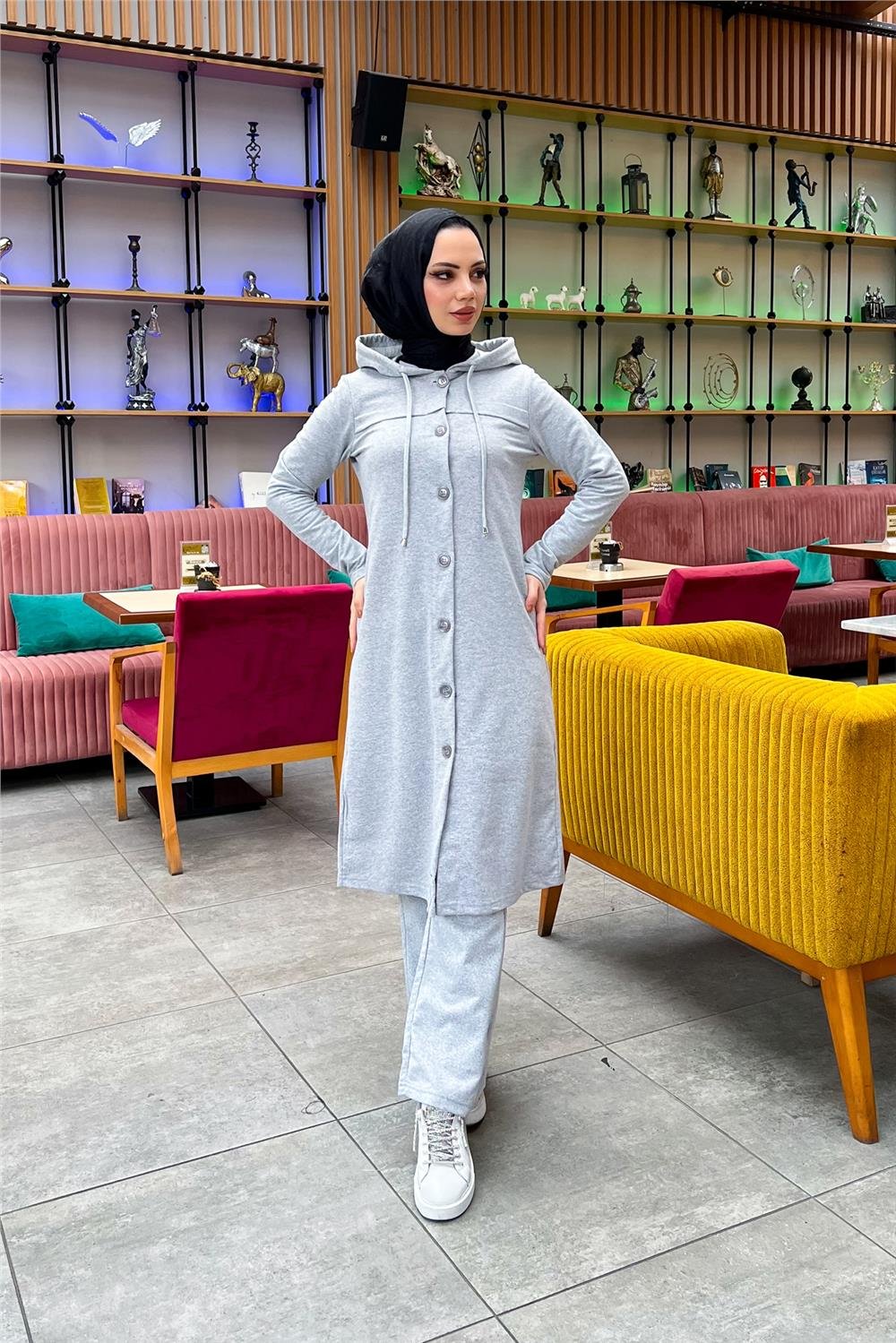Kapşonlu Düğmeli Sade Basic Uzun Tunik ve Pantolon İkili Spor Takım - 03072 - Gri