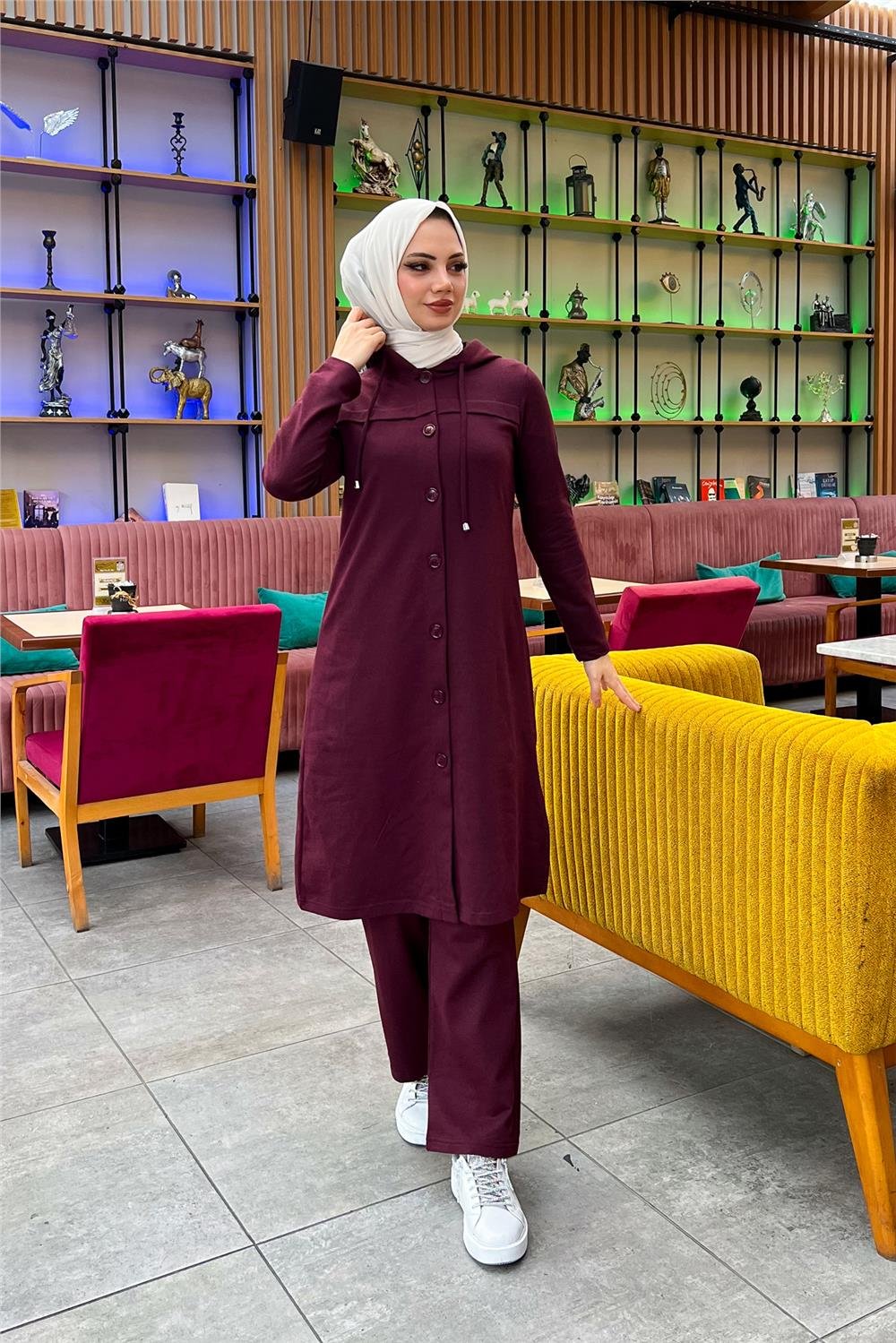 Kapşonlu Düğmeli Sade Basic Uzun Tunik ve Pantolon İkili Spor Takım - 03072 - Mürdüm
