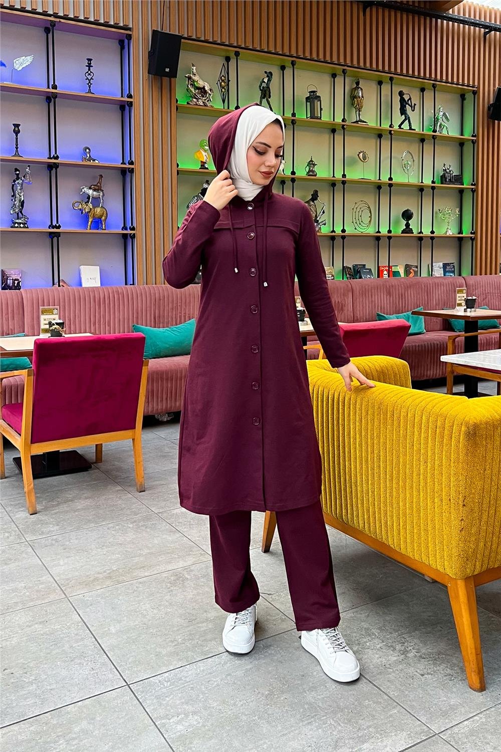 Kapşonlu Düğmeli Sade Basic Uzun Tunik ve Pantolon İkili Spor Takım - 03072 - Mürdüm