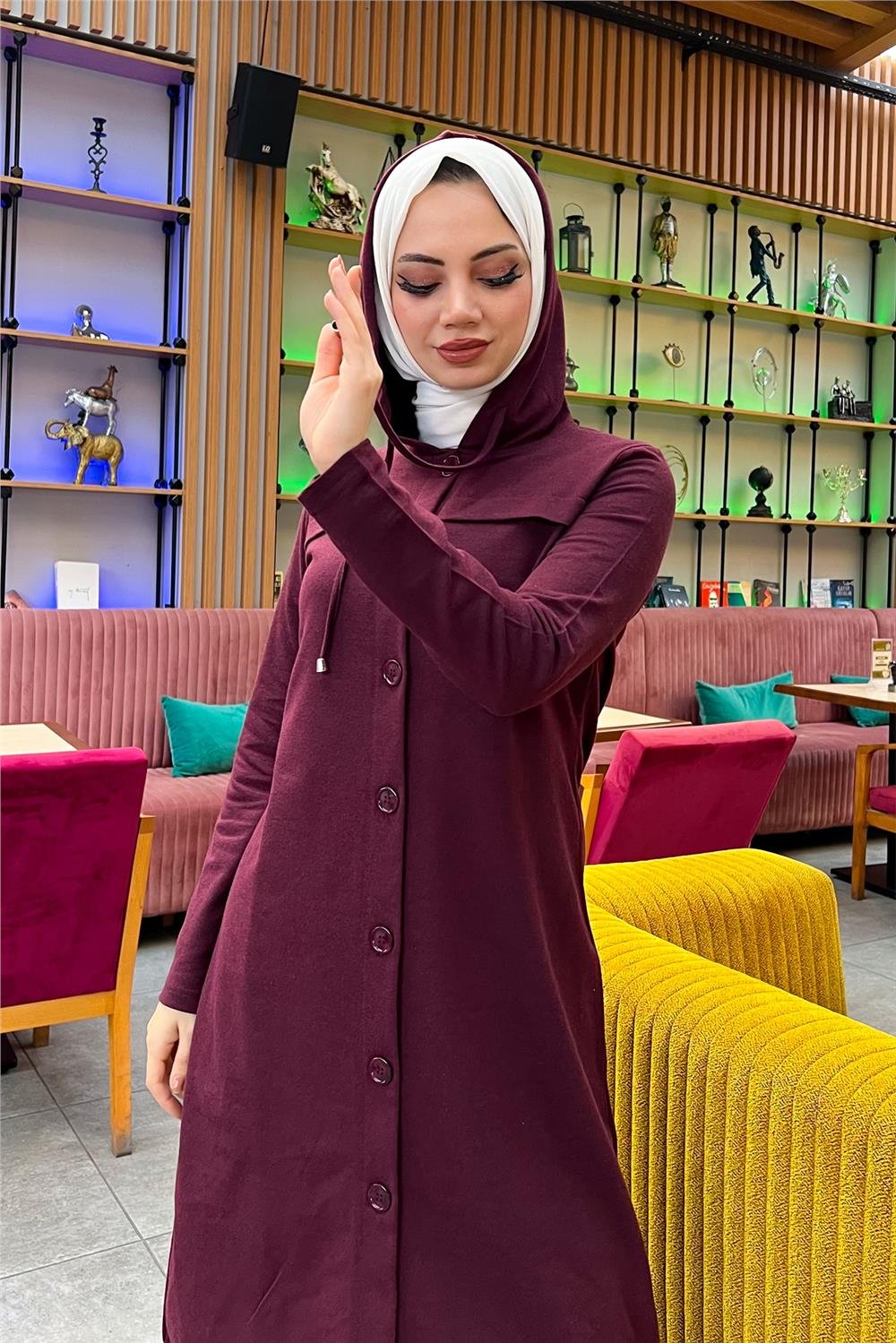 Kapşonlu Düğmeli Sade Basic Uzun Tunik ve Pantolon İkili Spor Takım - 03072 - Mürdüm