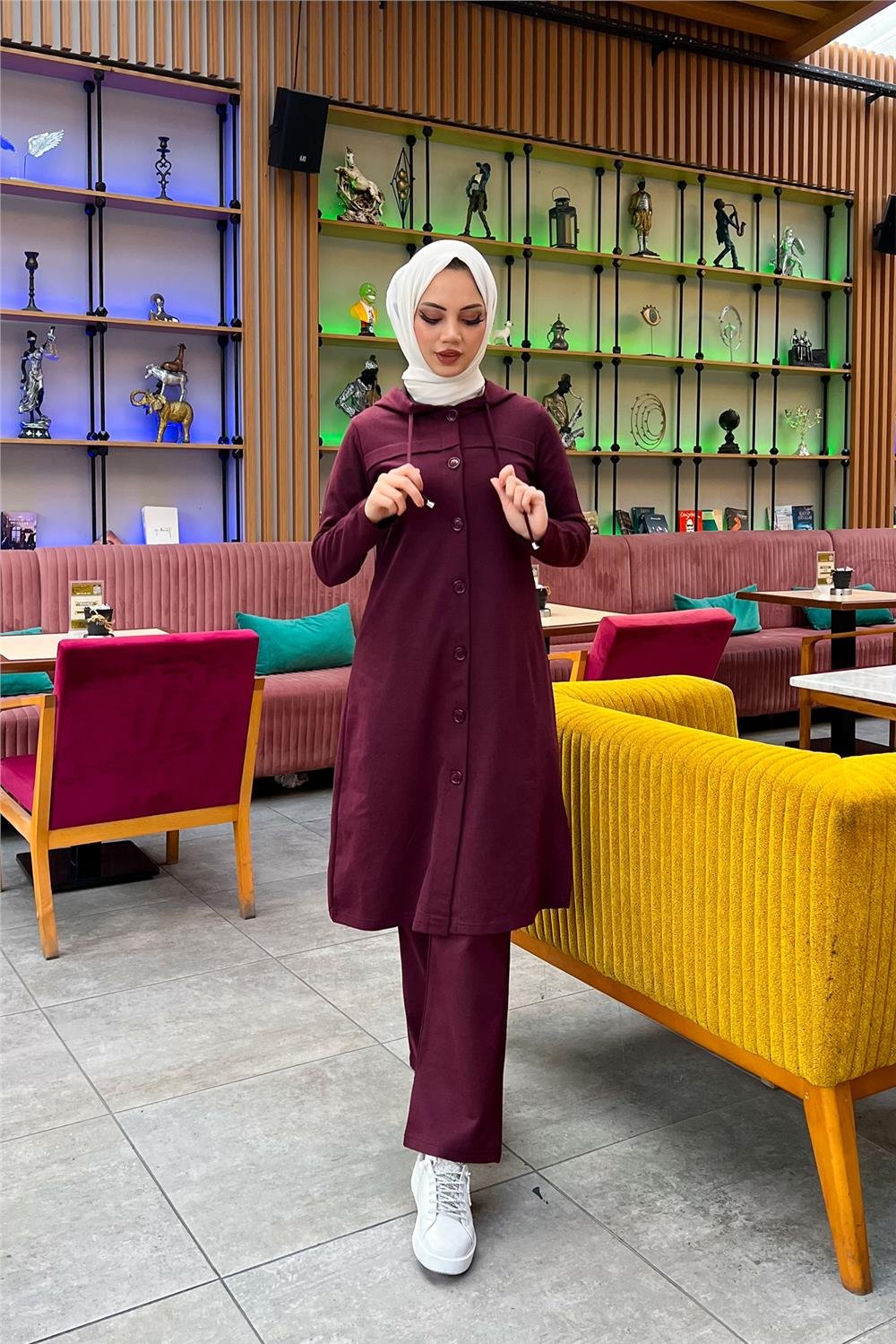 Kapşonlu Düğmeli Sade Basic Uzun Tunik ve Pantolon İkili Spor Takım - 03072 - Mürdüm