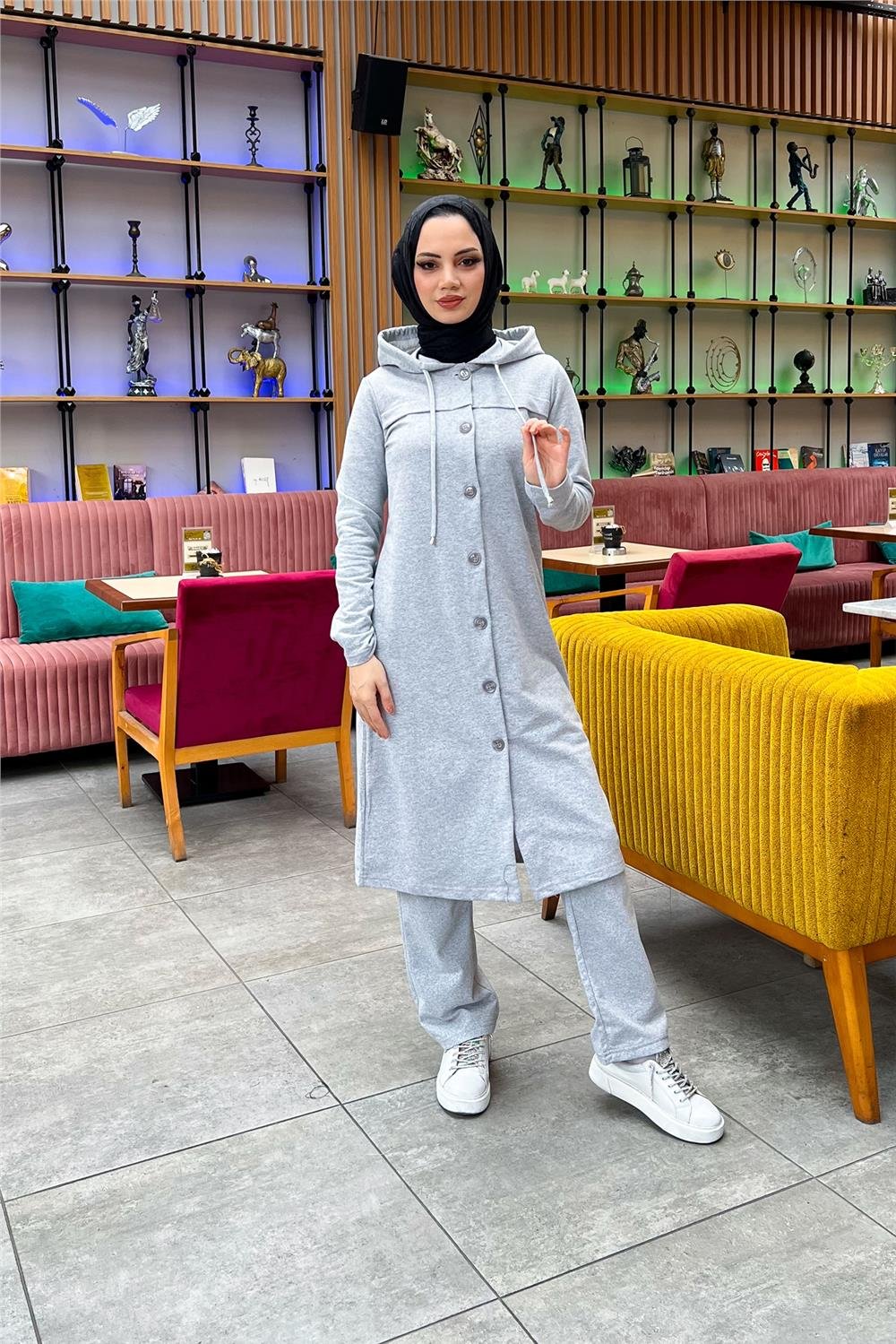 Kapşonlu Düğmeli Sade Basic Uzun Tunik ve Pantolon İkili Spor Takım - 03072 - Gri