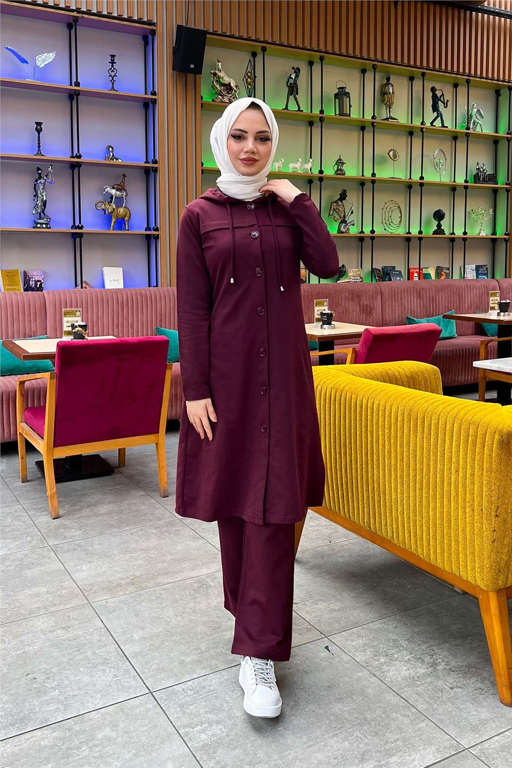 Kapşonlu Düğmeli Sade Basic Uzun Tunik ve Pantolon İkili Spor Takım - 03072 - Mürdüm