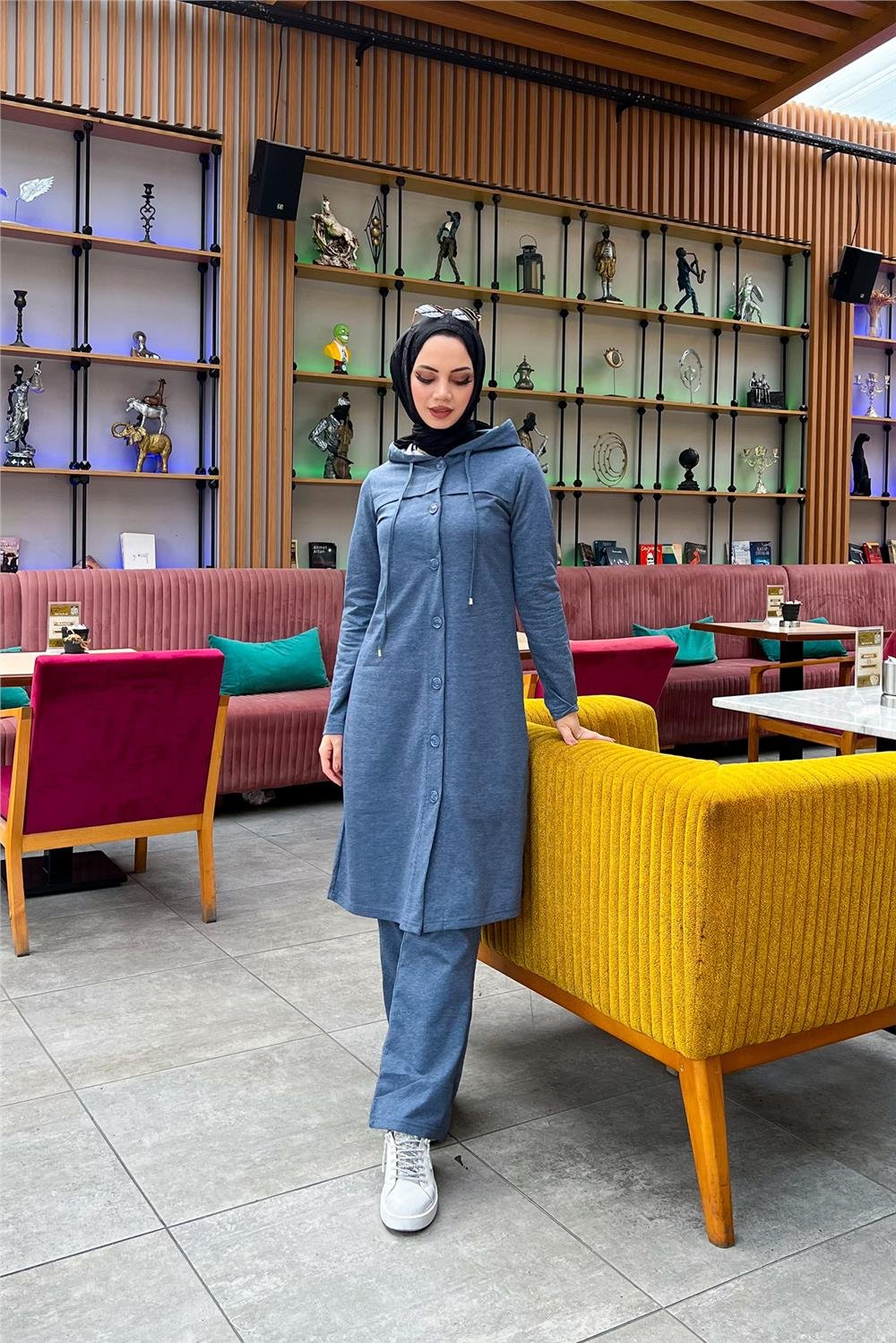 Kapşonlu Düğmeli Sade Basic Uzun Tunik ve Pantolon İkili Spor Takım - 03072 - İndigo