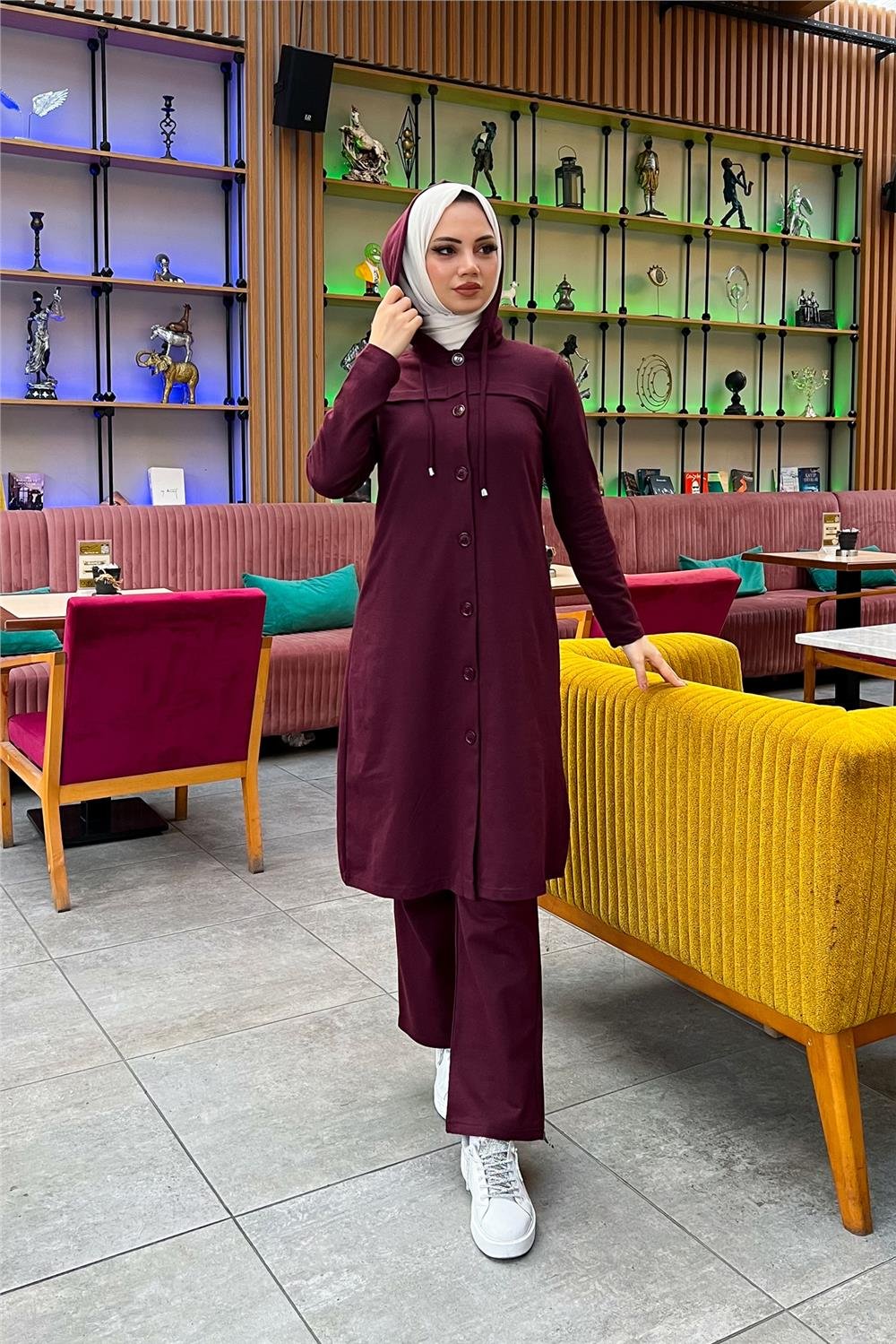 Kapşonlu Düğmeli Sade Basic Uzun Tunik ve Pantolon İkili Spor Takım - 03072 - Mürdüm