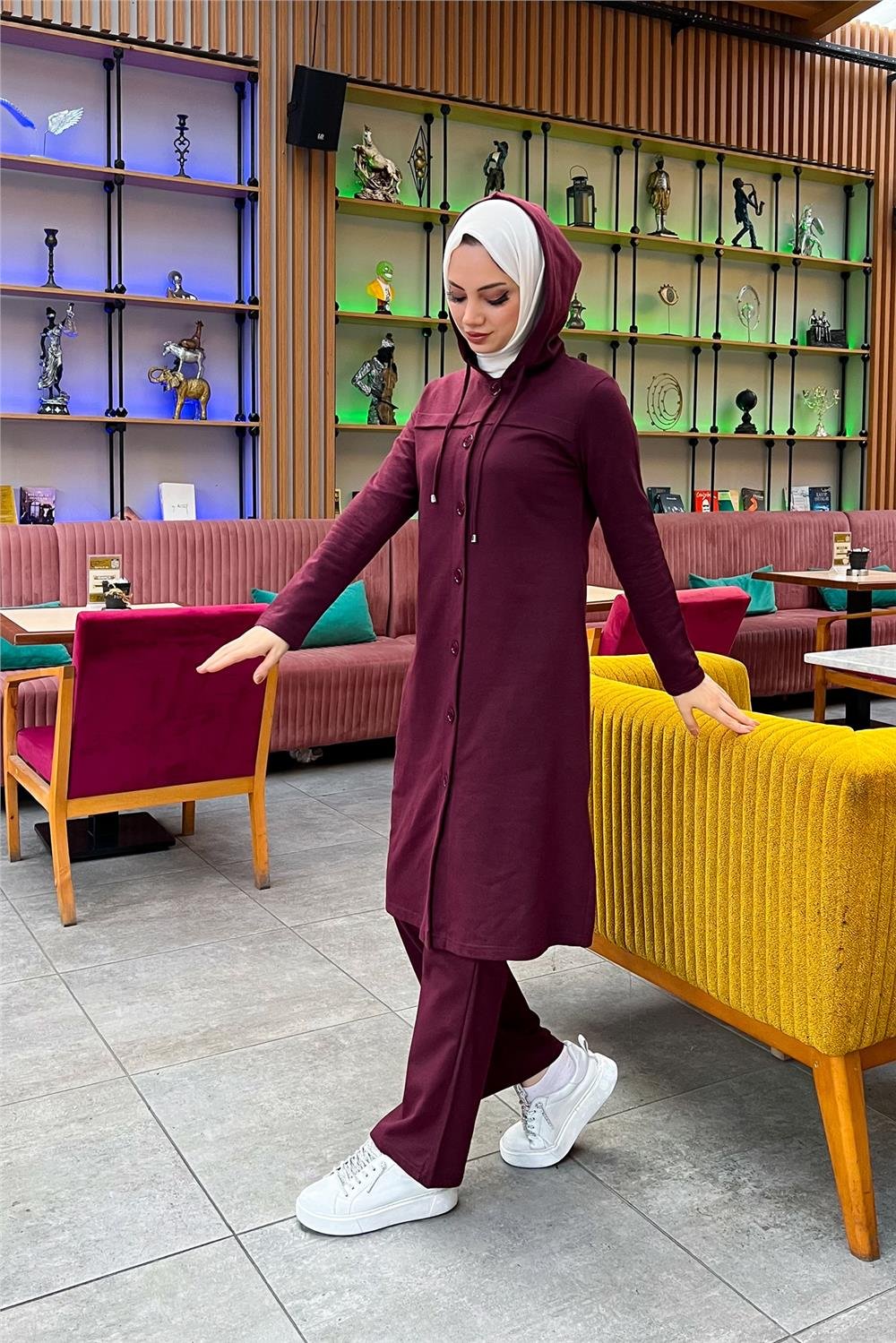 Kapşonlu Düğmeli Sade Basic Uzun Tunik ve Pantolon İkili Spor Takım - 03072 - Mürdüm