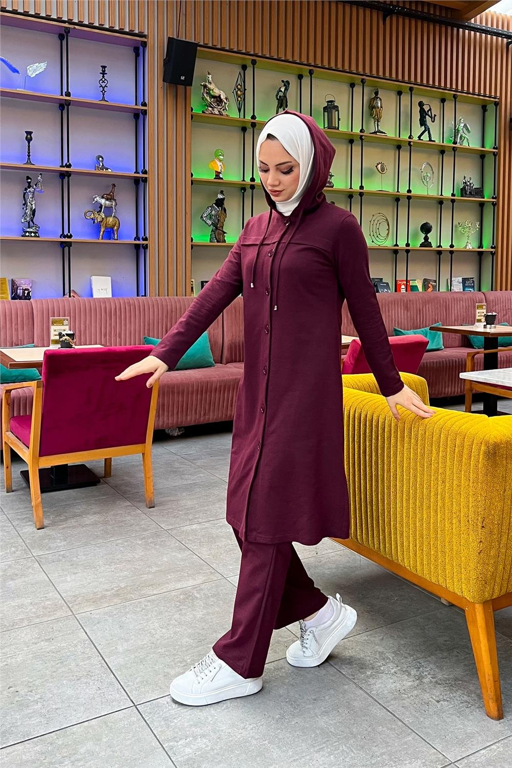 Kapşonlu Düğmeli Sade Basic Uzun Tunik ve Pantolon İkili Spor Takım - 03072 - Mürdüm