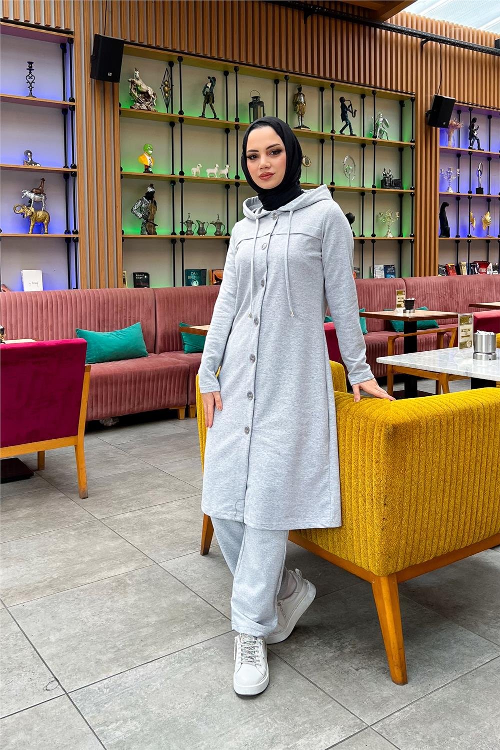 Kapşonlu Düğmeli Sade Basic Uzun Tunik ve Pantolon İkili Spor Takım - 03072 - Gri