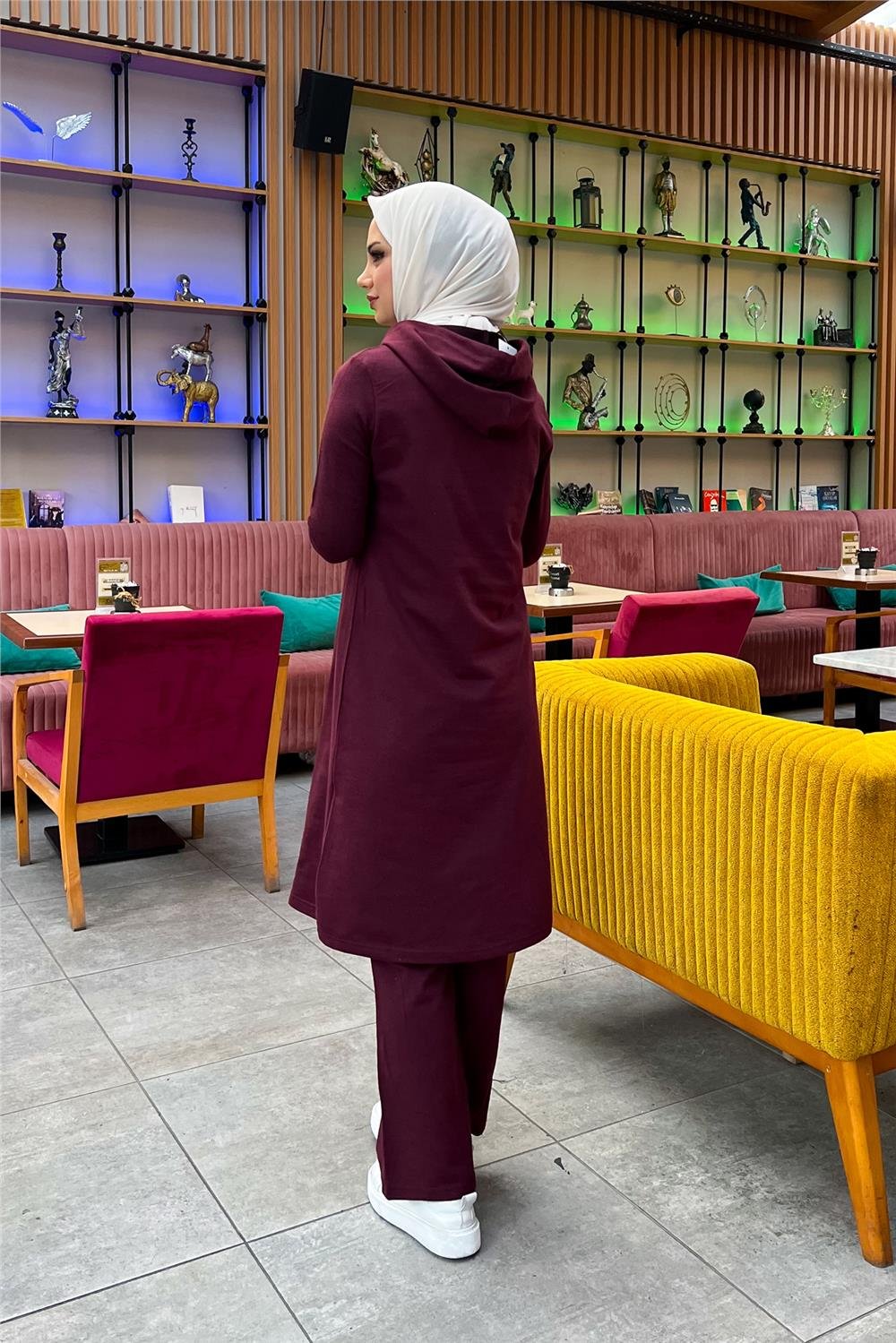 Kapşonlu Düğmeli Sade Basic Uzun Tunik ve Pantolon İkili Spor Takım - 03072 - Mürdüm