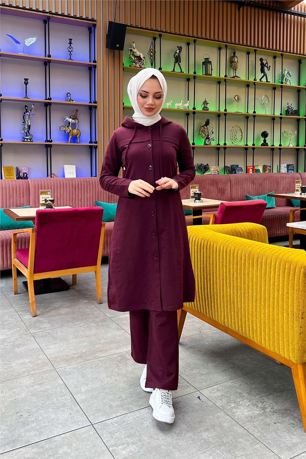 Kapşonlu Düğmeli Sade Basic Uzun Tunik ve Pantolon İkili Spor Takım - 03072 - Mürdüm