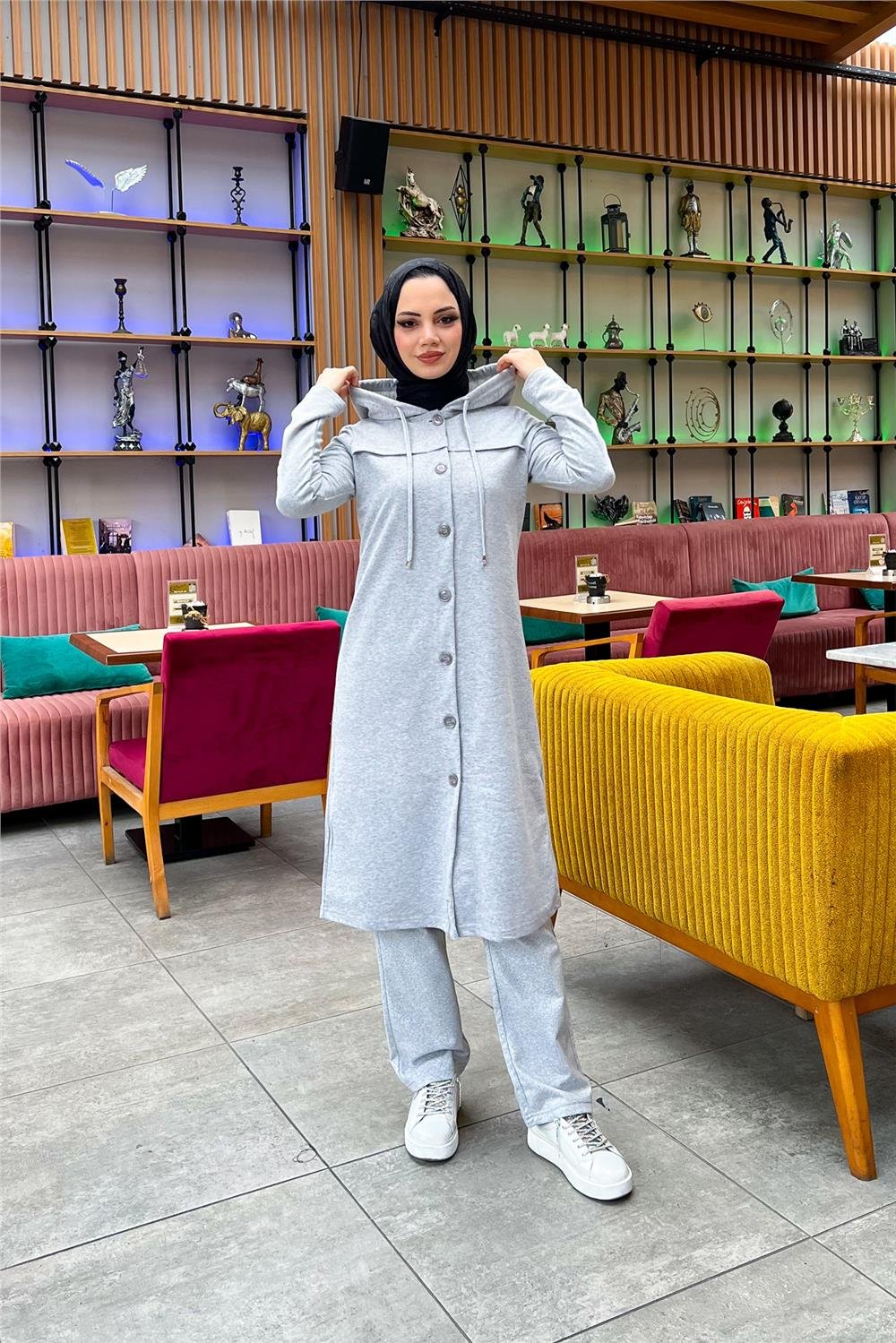 Kapşonlu Düğmeli Sade Basic Uzun Tunik ve Pantolon İkili Spor Takım - 03072 - Gri
