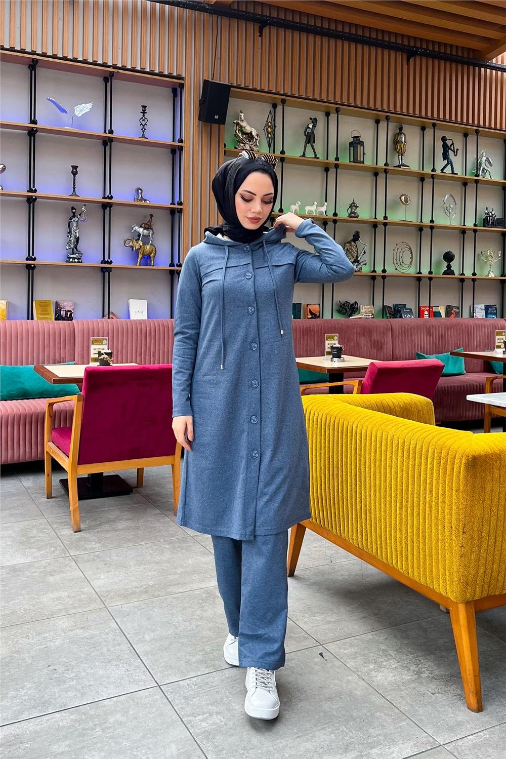 Kapşonlu Düğmeli Sade Basic Uzun Tunik ve Pantolon İkili Spor Takım - 03072 - İndigo